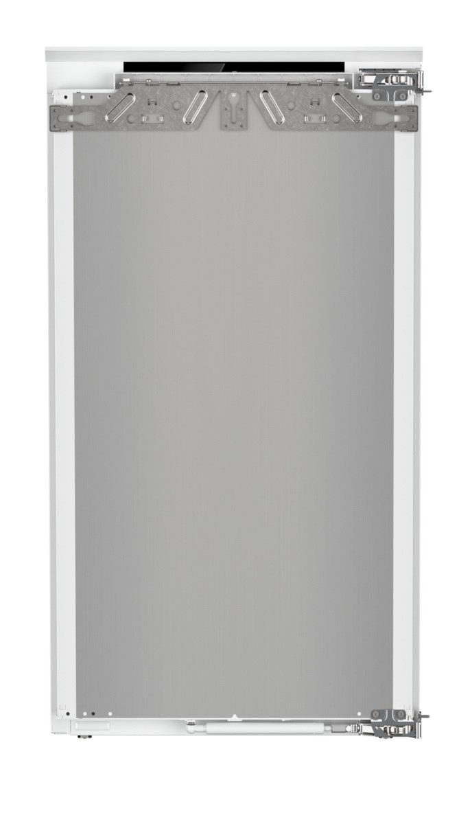 Kühlschranktür, weiß, mit Metallpaneel in der Mitte und sichtbarer Befestigungshardware.
