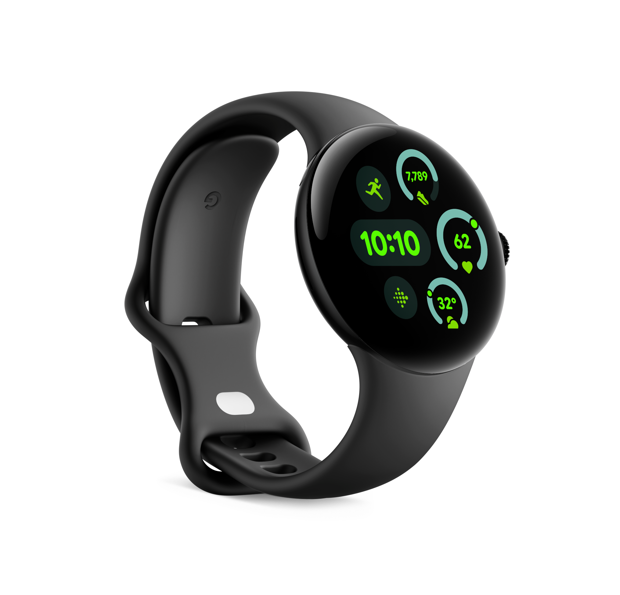 Schwarze Smartwatch mit rundem Display, zeigt Zeit, Schritte, Herzfrequenz und Wetterinformationen. Schwarzes Band.