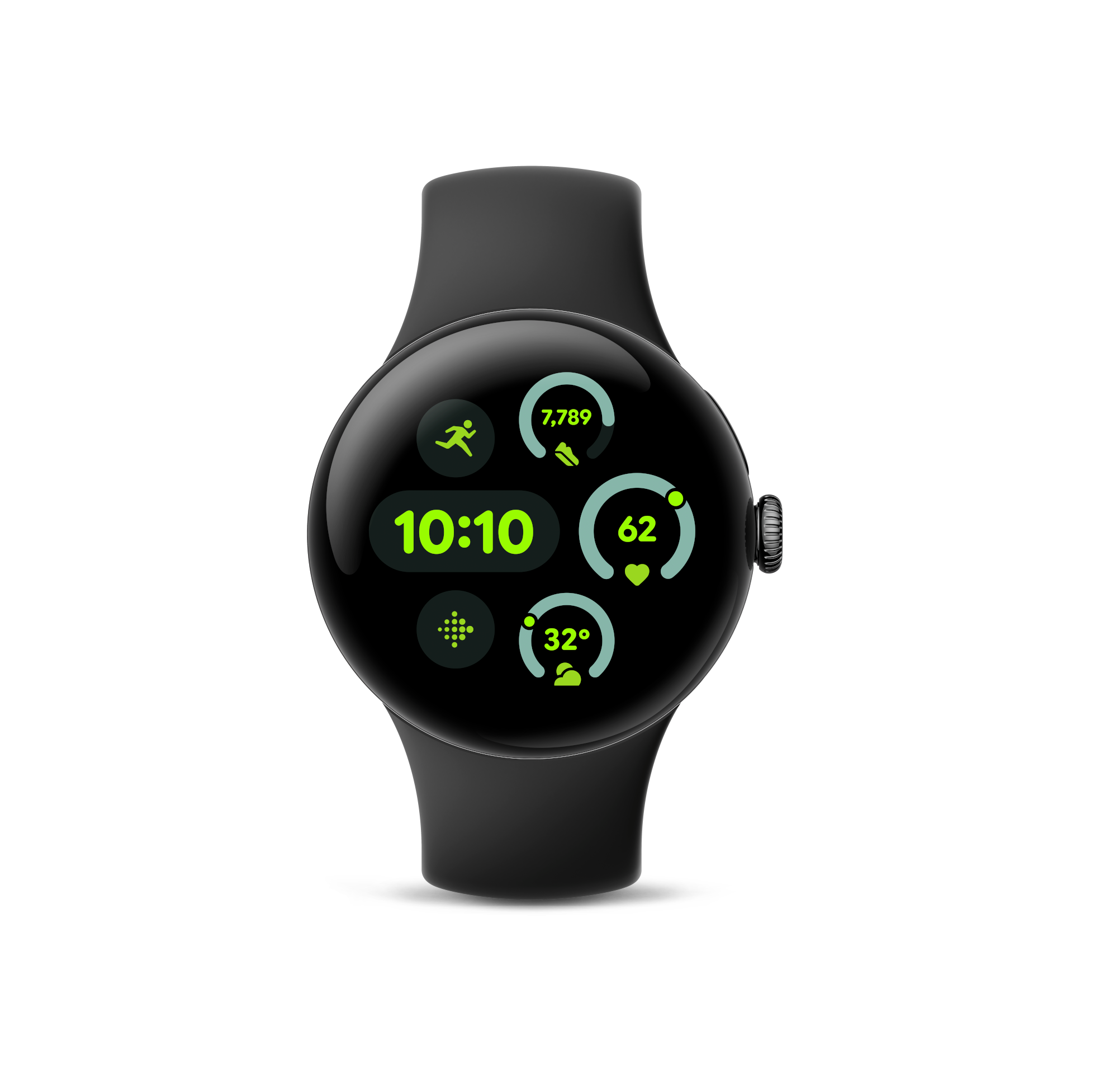 Schwarze Google Pixel Watch mit rundem Display, das Fitness- und Zeitmetriken vor schwarzem Hintergrund zeigt.