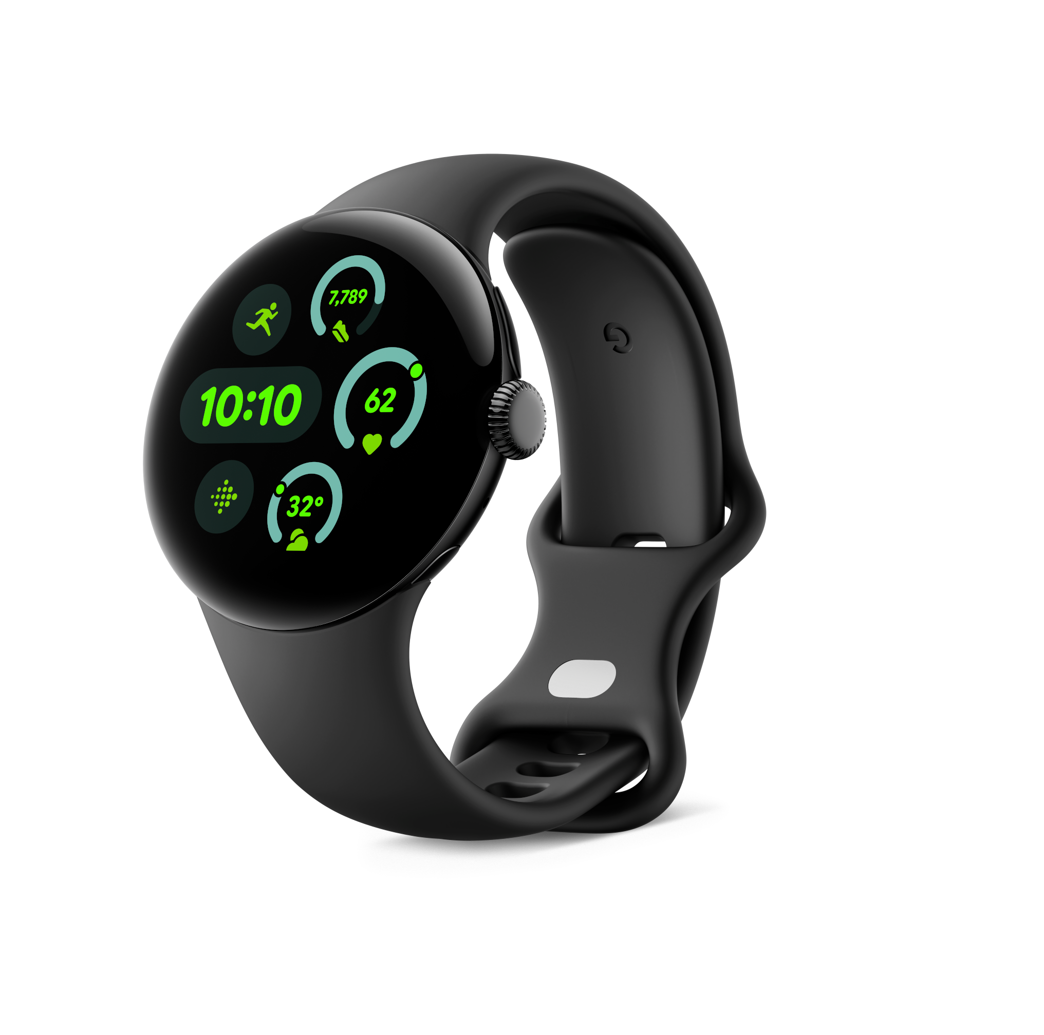 Schwarze Smartwatch mit schwarzem Armband, zeigt Zeit, Schritte, Herzfrequenz und Temperatur.