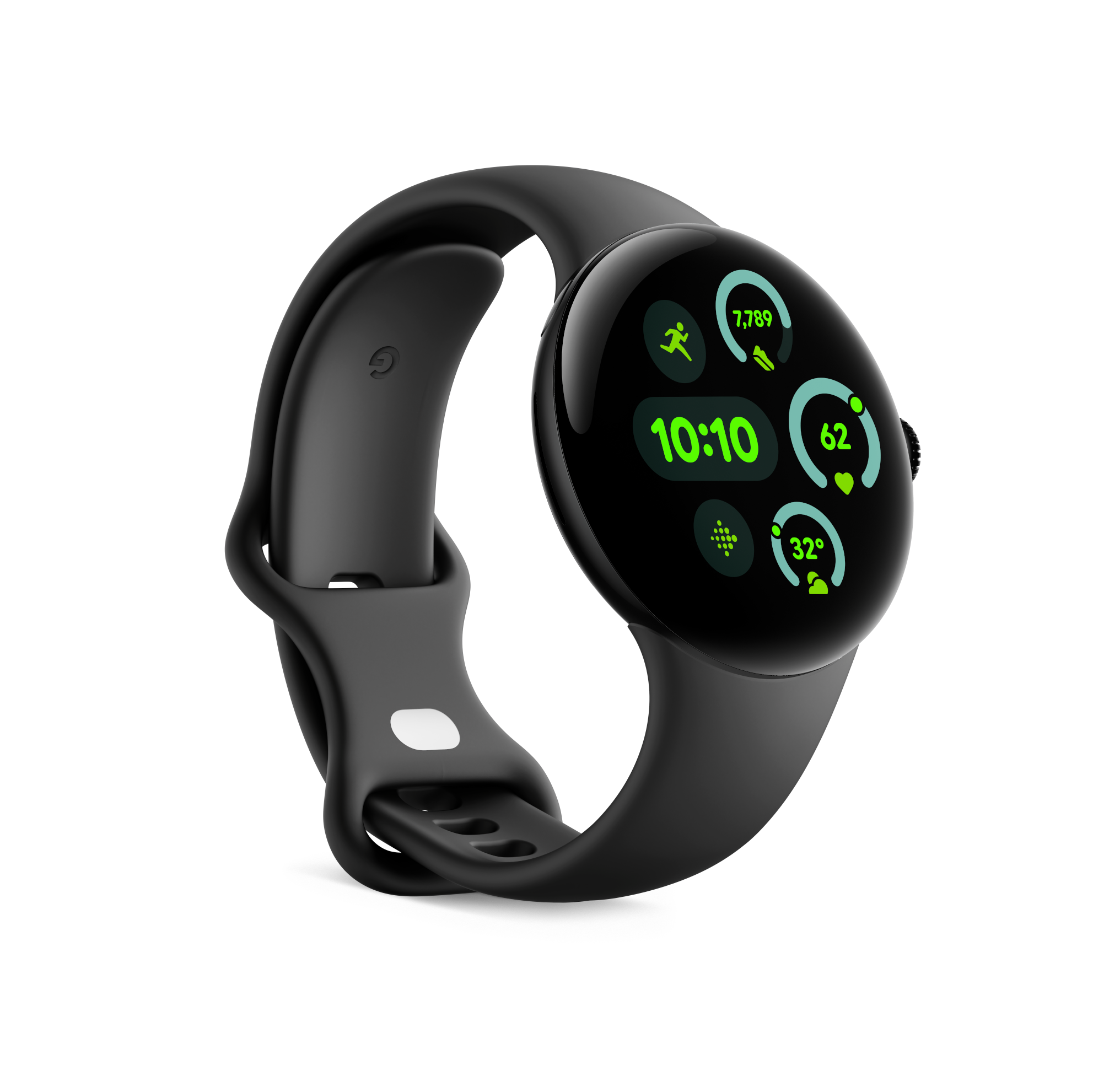 Schwarze Smartwatch mit kreisförmigem Bildschirm, der Statistiken anzeigt, auf schwarzem Hintergrund.