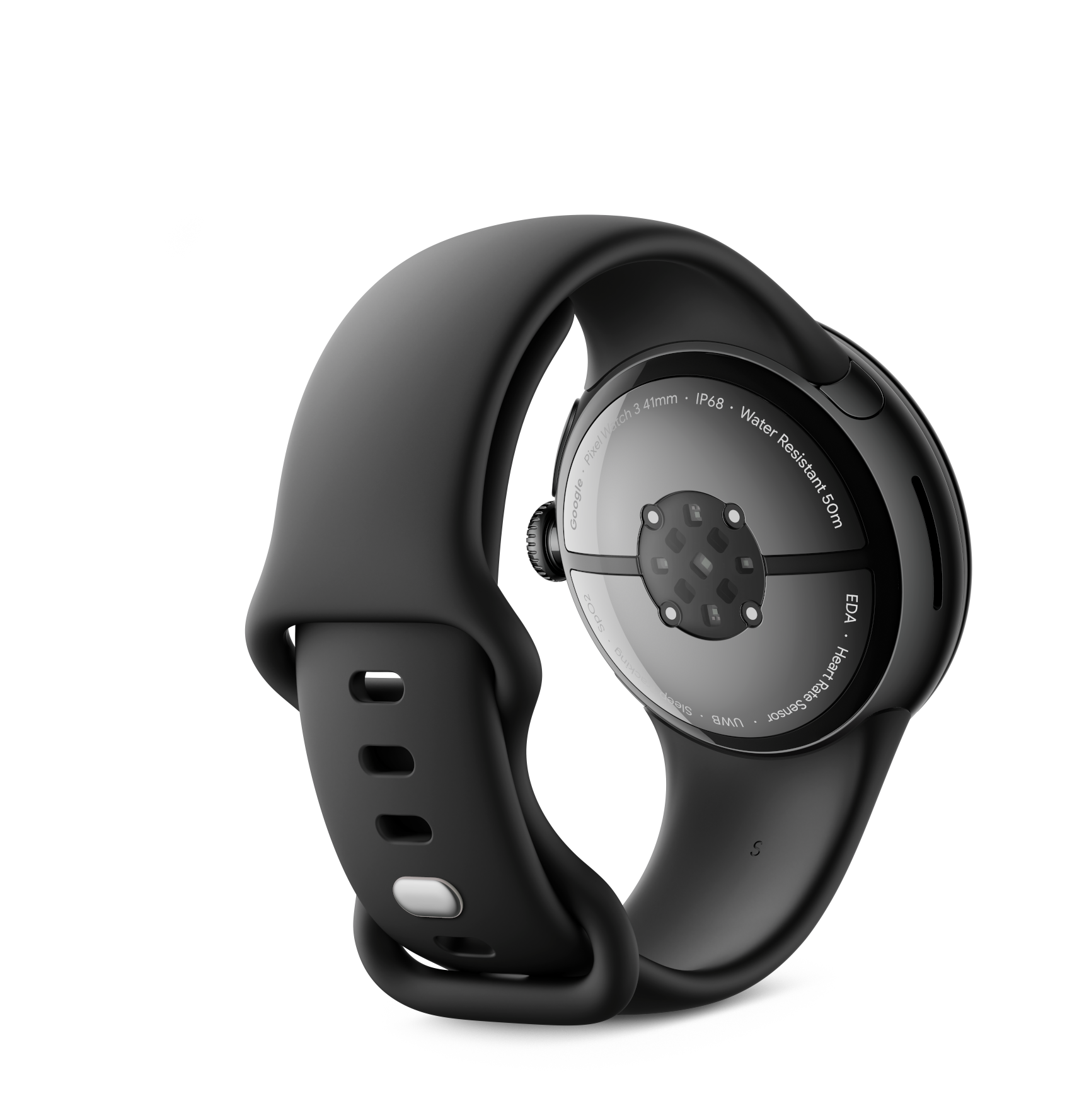 Eine schwarze Google Pixel Watch, Rückansicht, auf einer schwarzen Oberfläche.