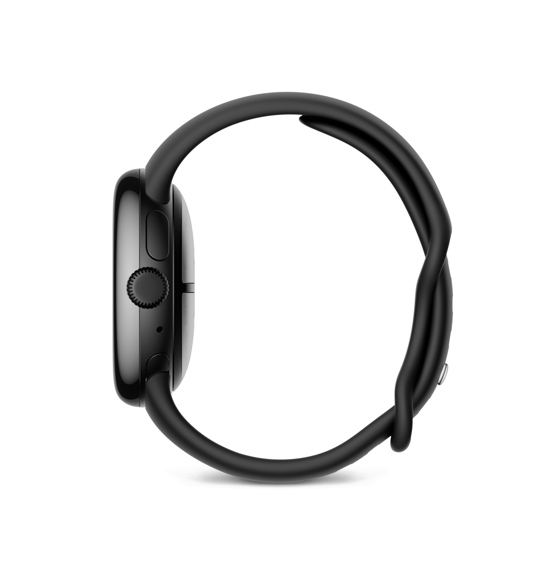 Schwarze Smartwatch mit schwarzem Armband, Seitenansicht, schlankes Design.
