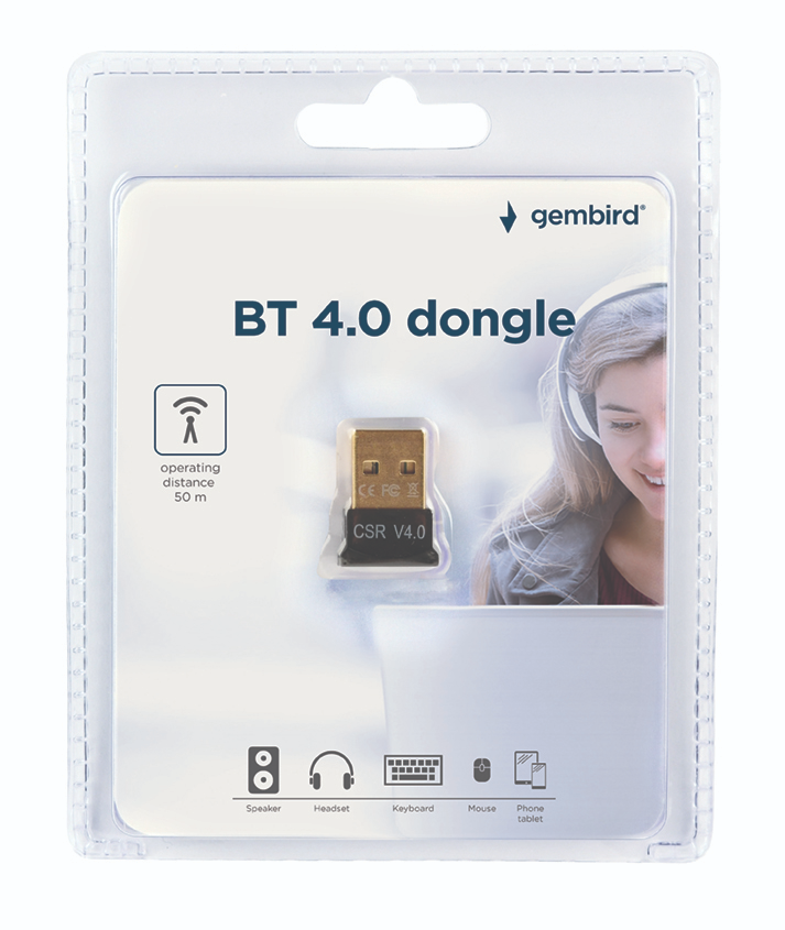 Egy csomagolt Bluetooth dongle. Van rajta egy kép egy fülhallgatót viselő nőről. A termék neve látható.