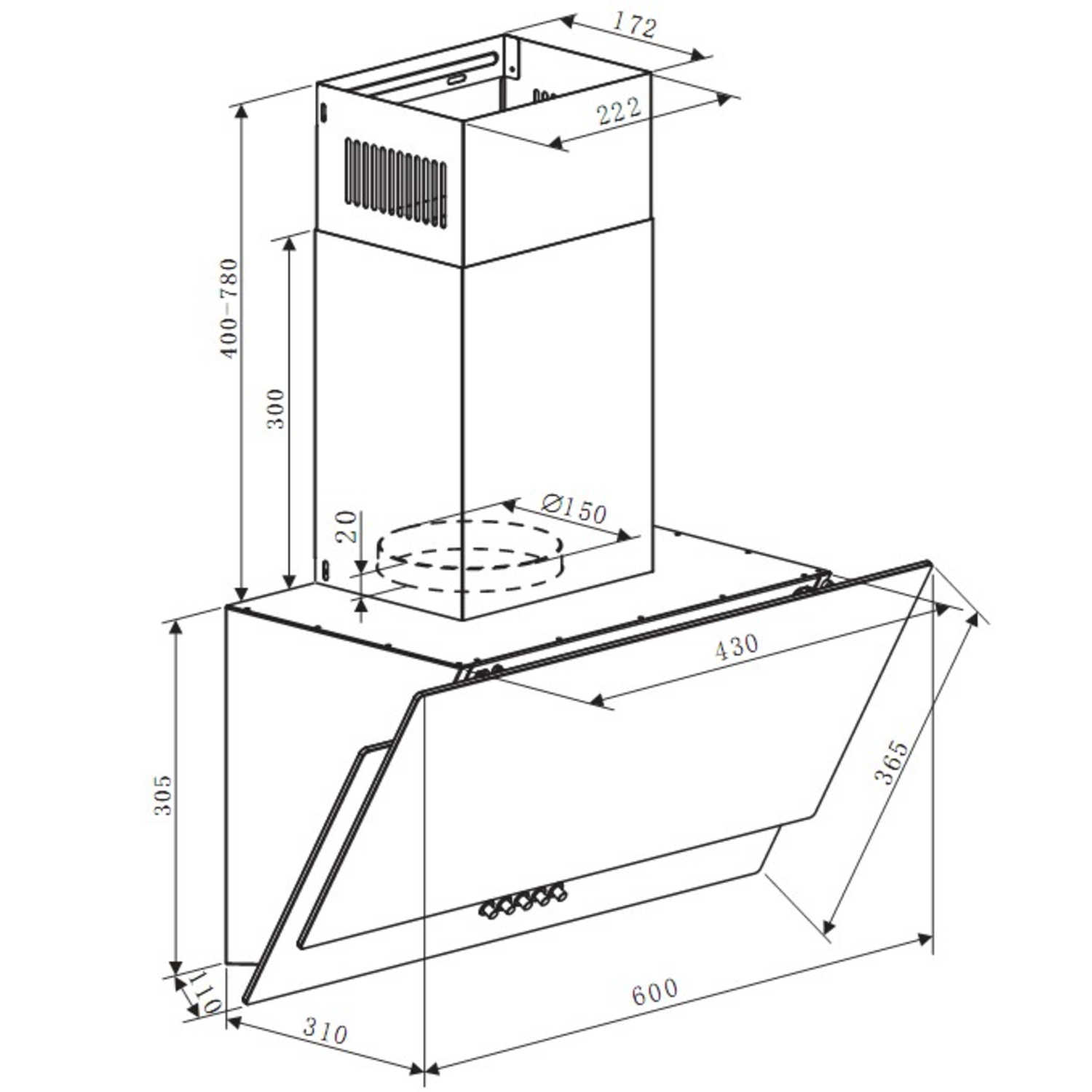 Technische tekening van een afzuigkap met afmetingen in millimeters, bovenaanzicht en vooraanzicht.