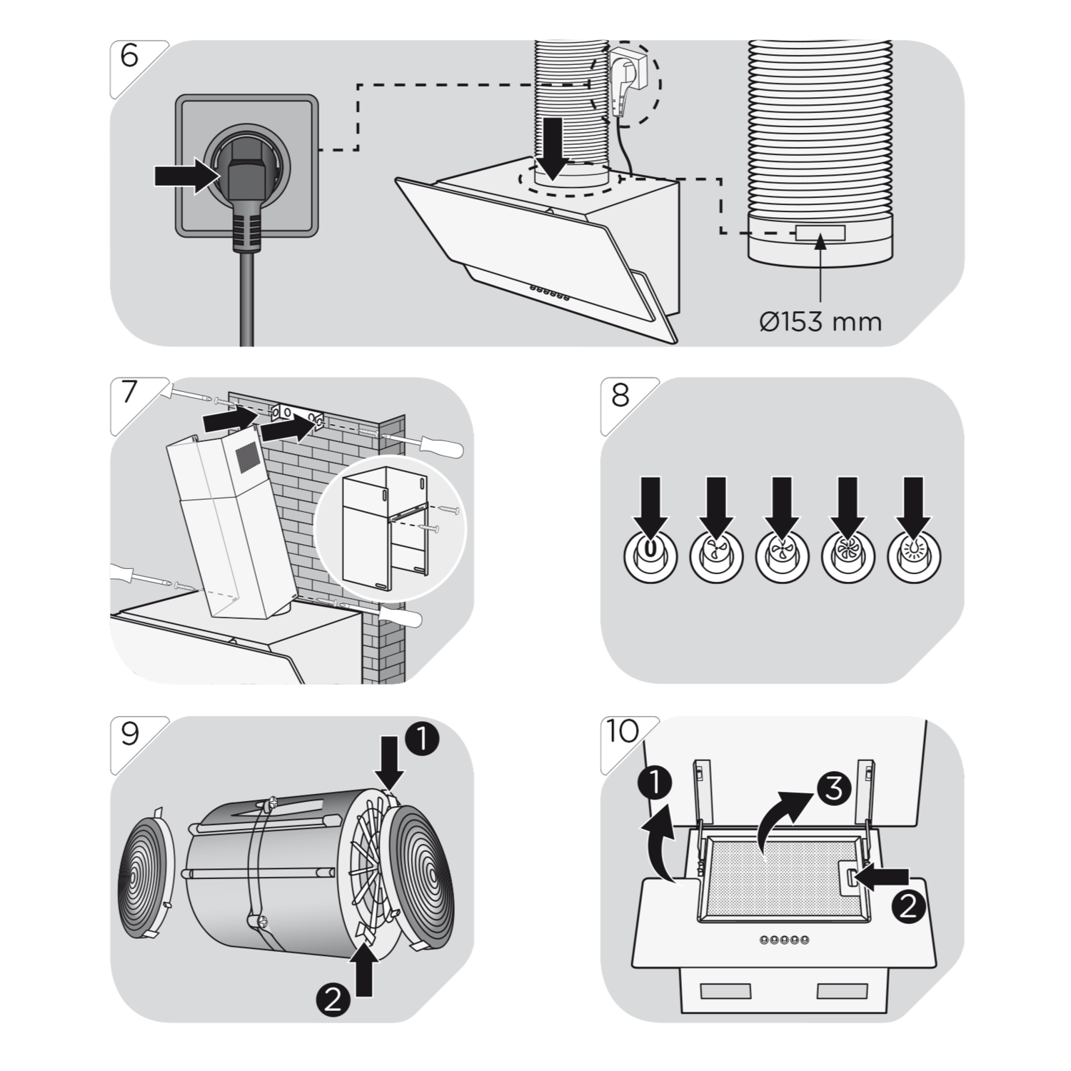 Diagram van de installatie van een afzuigkap, met stroomkabel, ventilatieaansluiting en montagestappen.