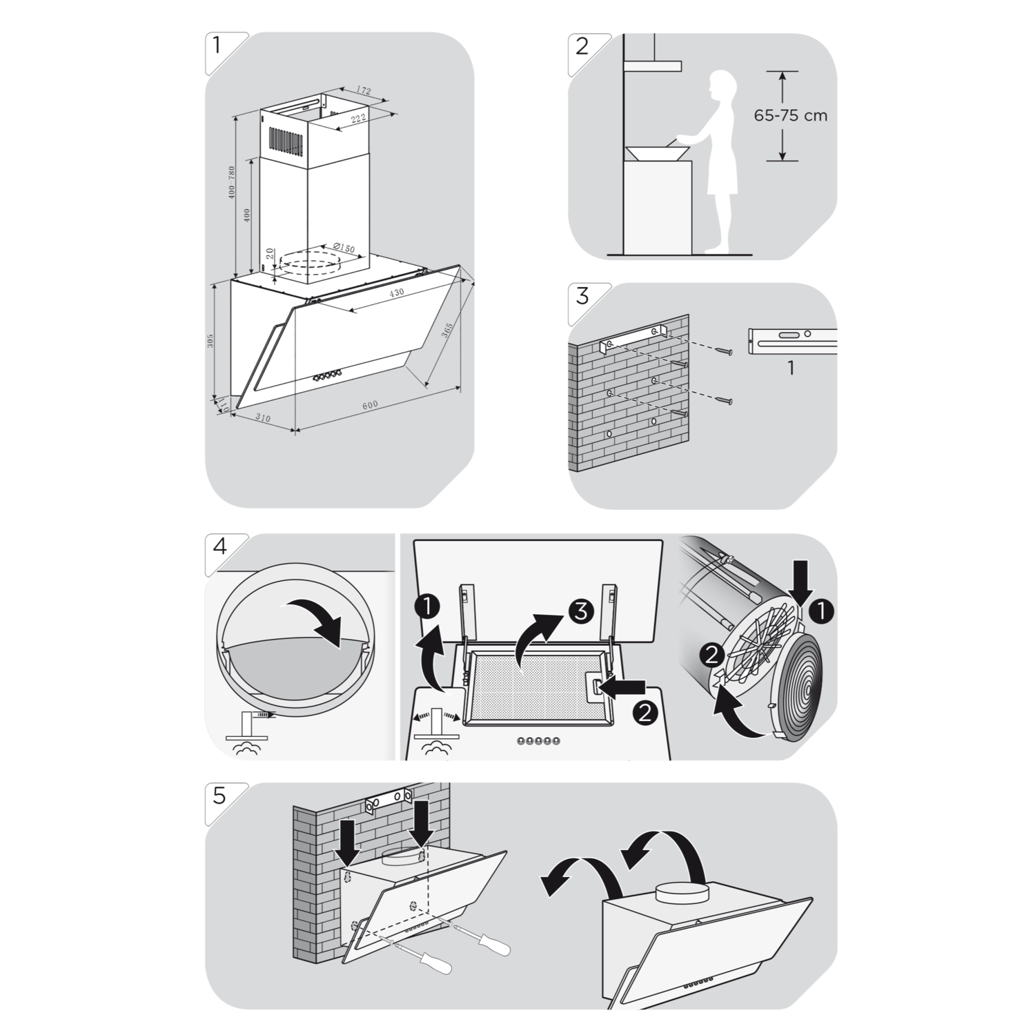 Gedetailleerd diagram van een afzuigkap met afmetingen en installatie-instructies op een zwarte achtergrond.