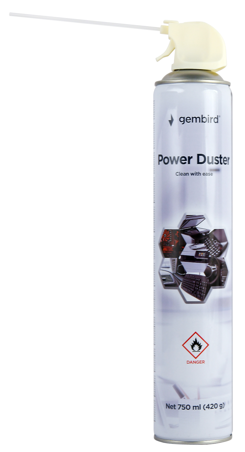 Fehér Power Duster doboz, szórófejjel és biztonsági szimbólumokkal.