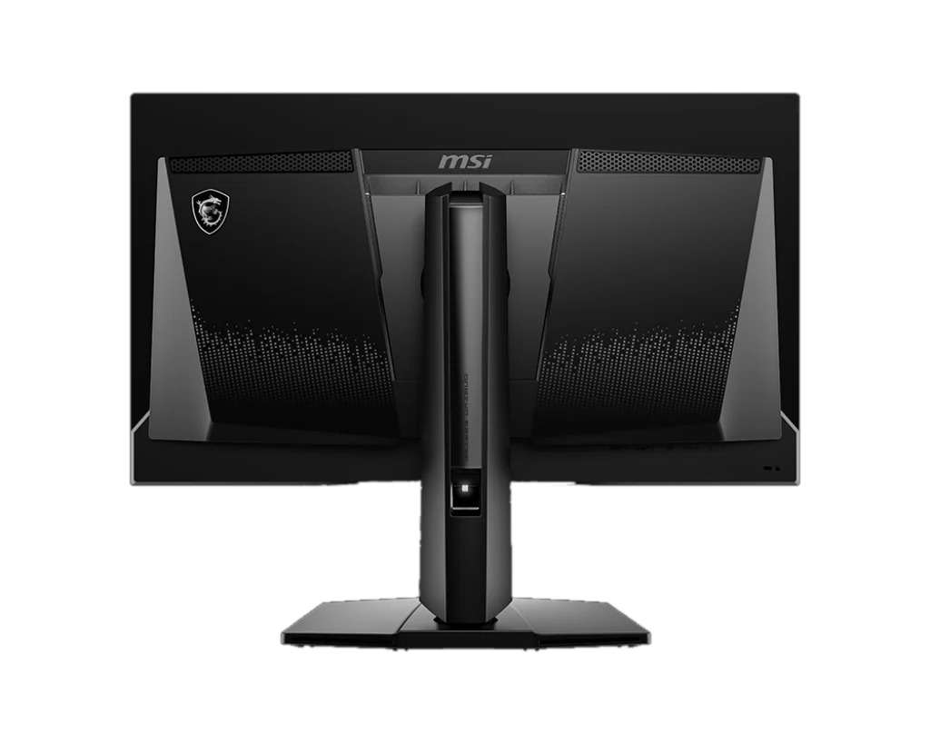 Vue arrière du moniteur MSI. Design noir avec aérations, support et logo MSI en haut.