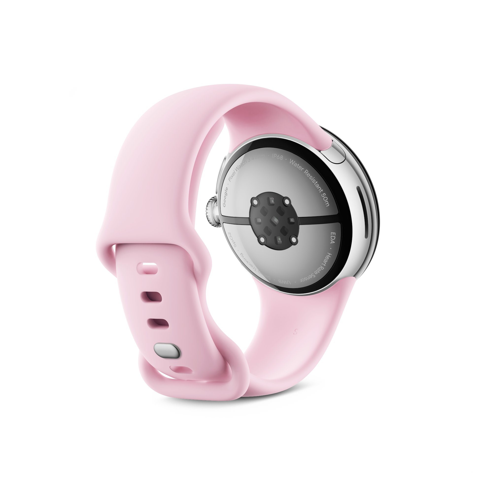 Pinke Pixel Watch, Rückseite mit Sensoren und pinkem Armband zeigend.