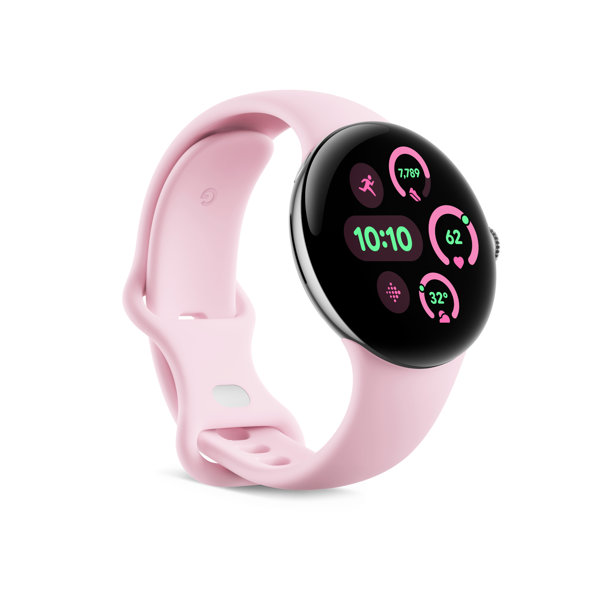 Rosa Smartwatch auf schwarzem Grund. Zeigt Zeit, Aktivitätsmetriken und Herzfrequenz.