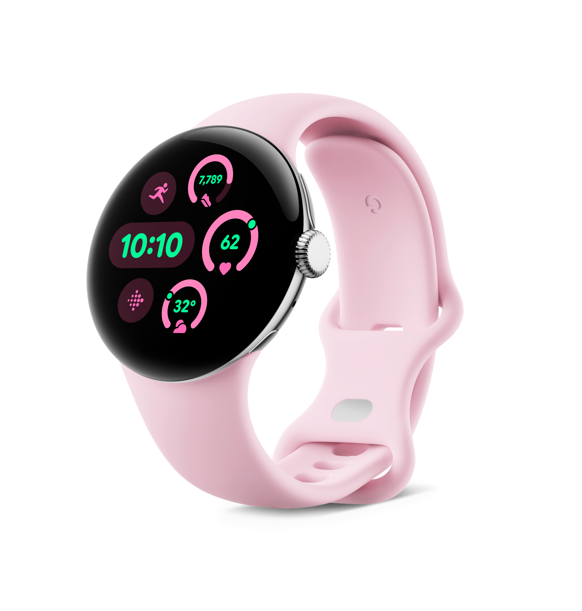 Eine rosa Smartwatch mit rundem Bildschirm, zeigt Zeit, Aktivität und Gesundheitsdaten.