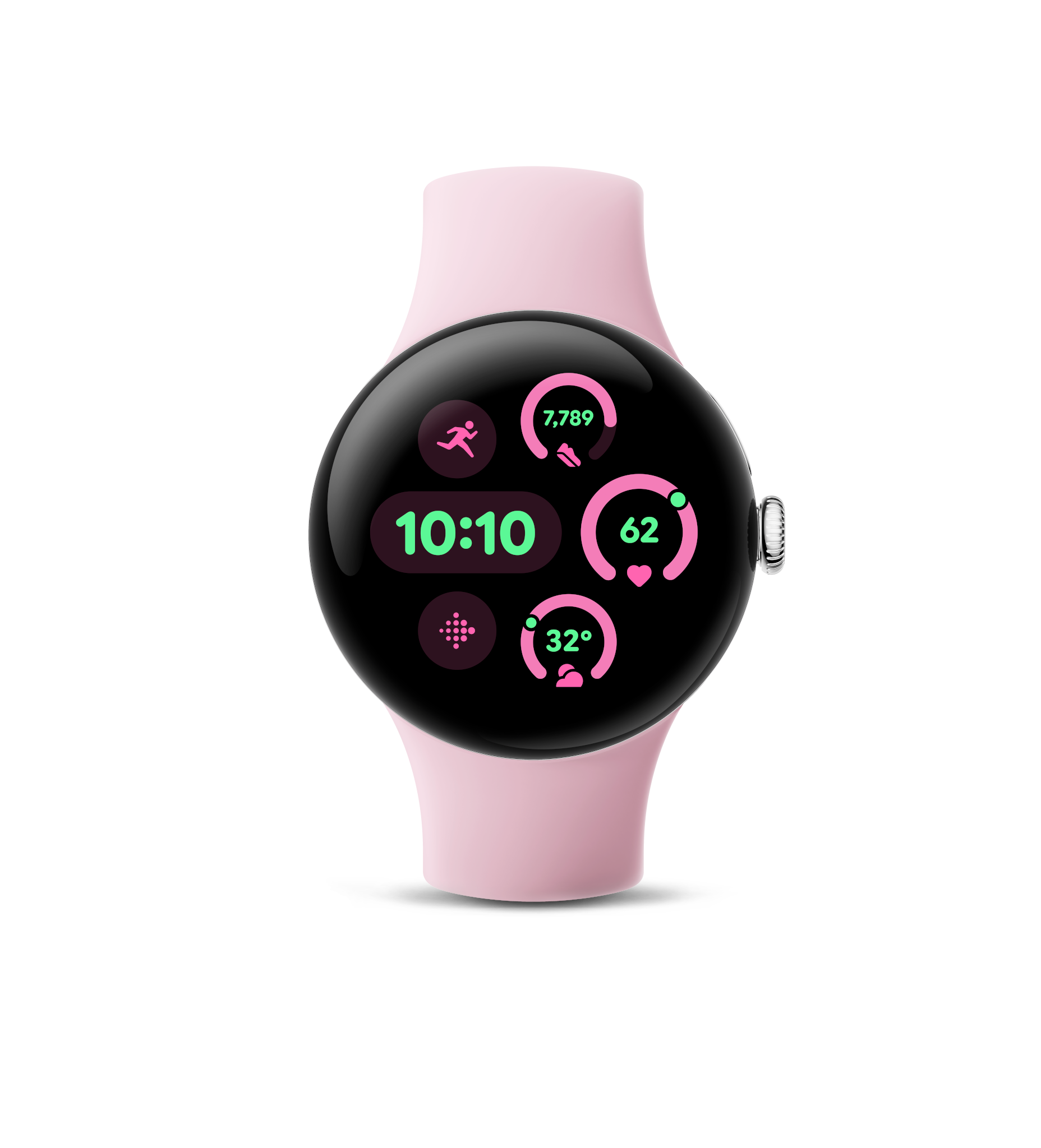 Eine pinkfarbene Smartwatch mit schwarzem Bildschirm, der Zeit und Aktivitätsmetriken anzeigt.