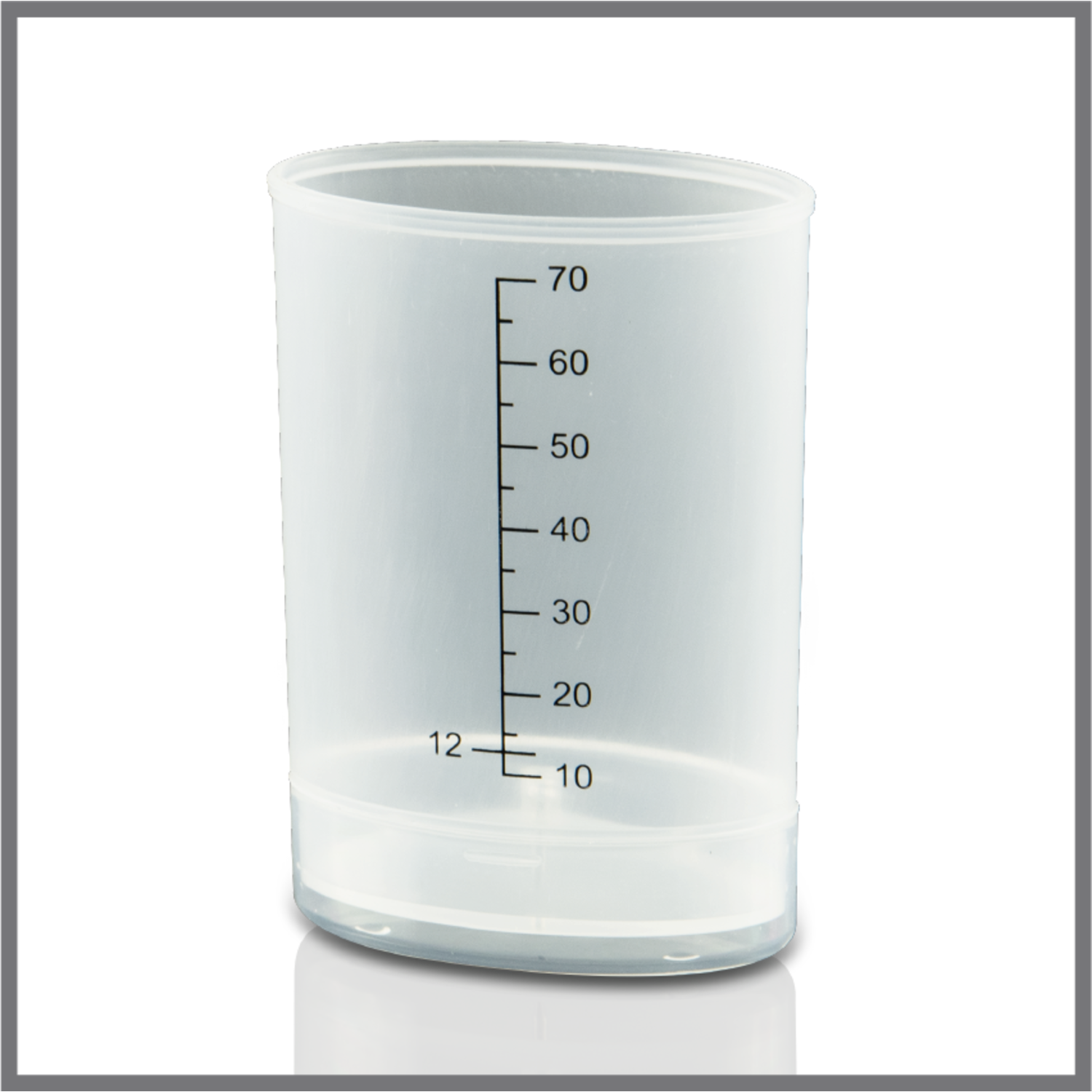A clear plastic measuring cup with black markings for milliliters, on a black background.