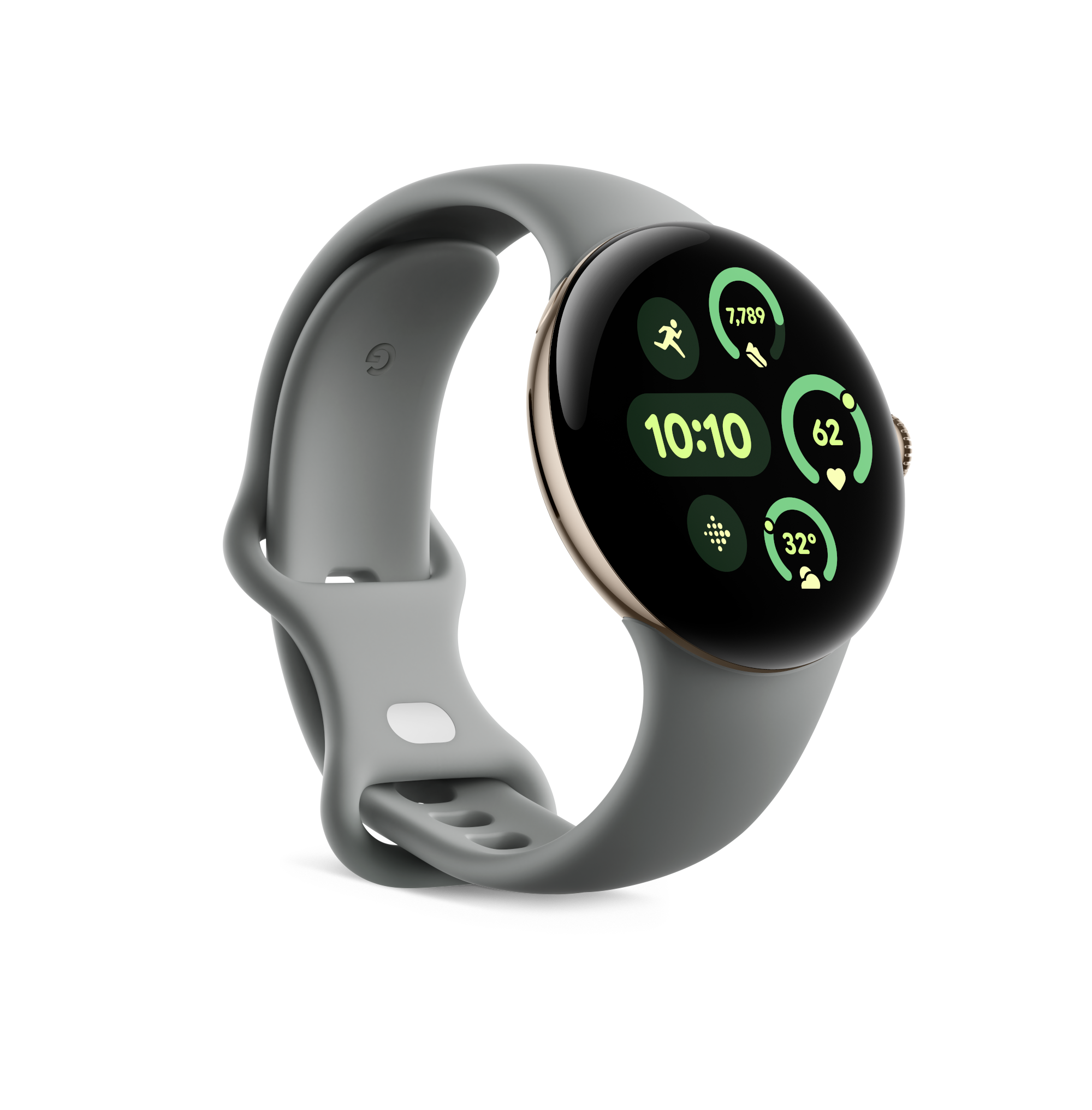 Graue Smartwatch mit rundem Zifferblatt, zeigt Zeit, Schritte, Herzfrequenz und mehr.
