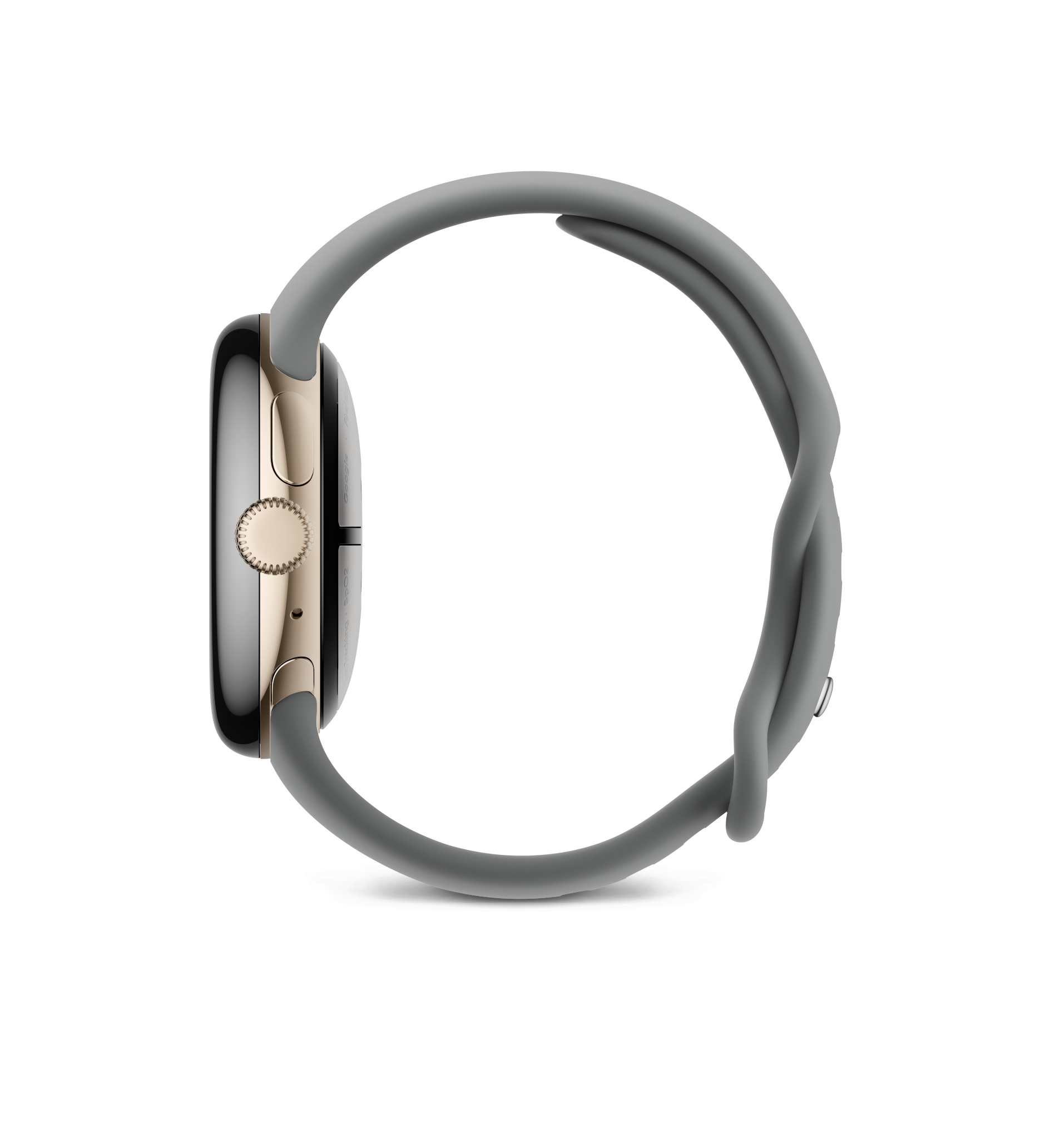 Seitenansicht einer silbernen Smartwatch mit grauem Band. Schwarzer Hintergrund.