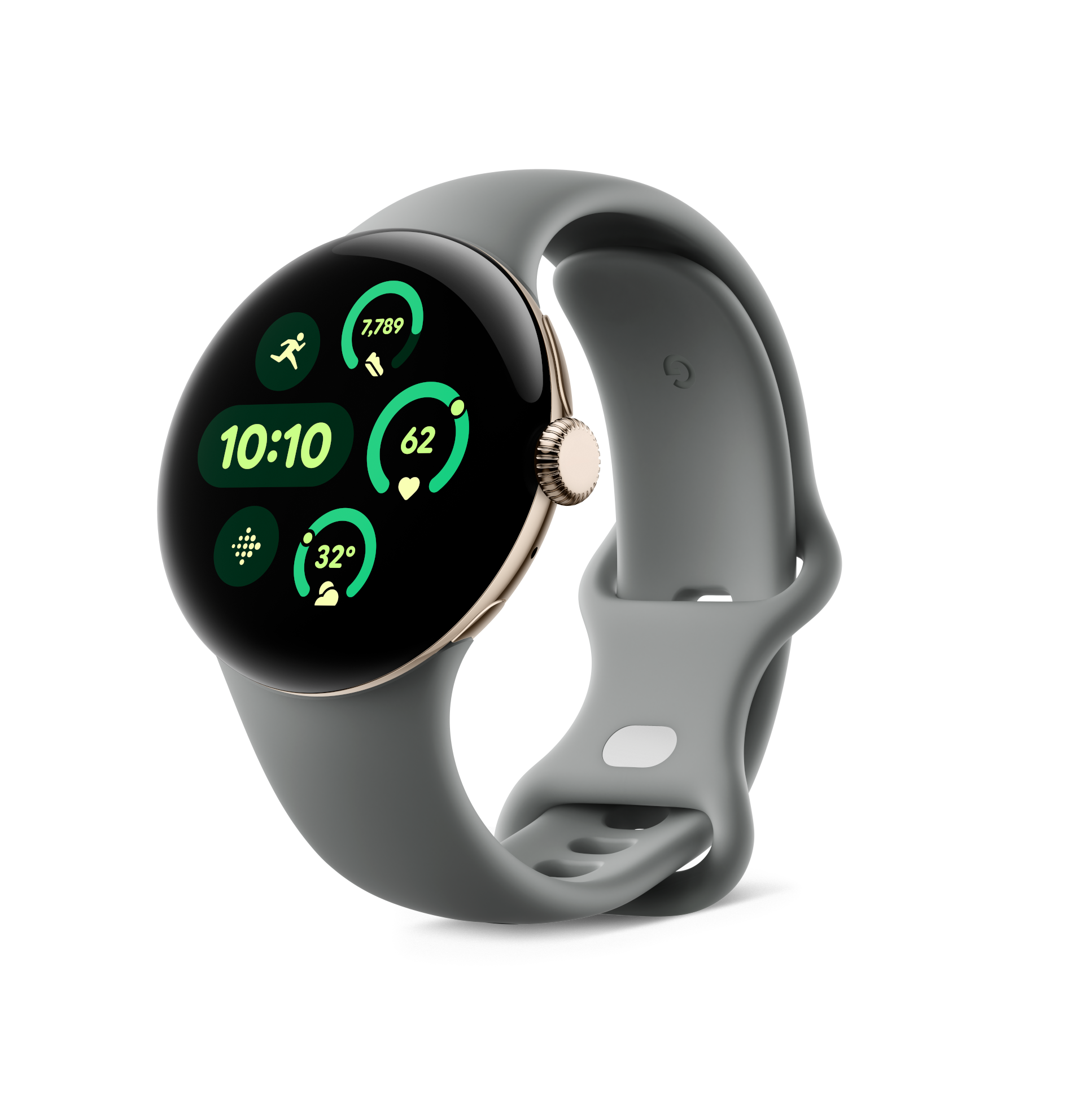 Graue Smartwatch mit rundem Zifferblatt, grüner Anzeige.