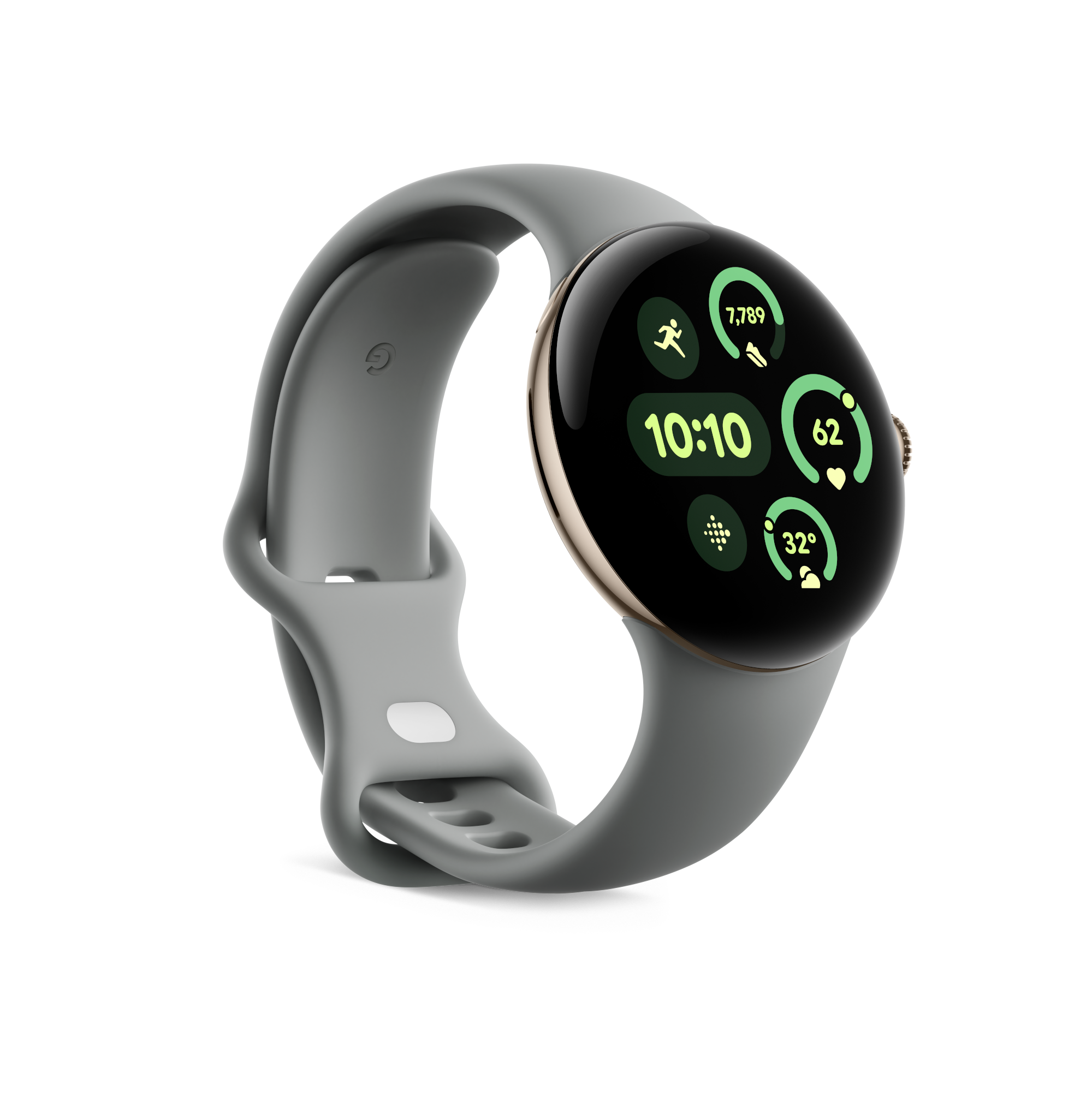 Seitenansicht einer grauen Smartwatch mit schwarzem Bildschirm, der Aktivitätsdaten anzeigt.