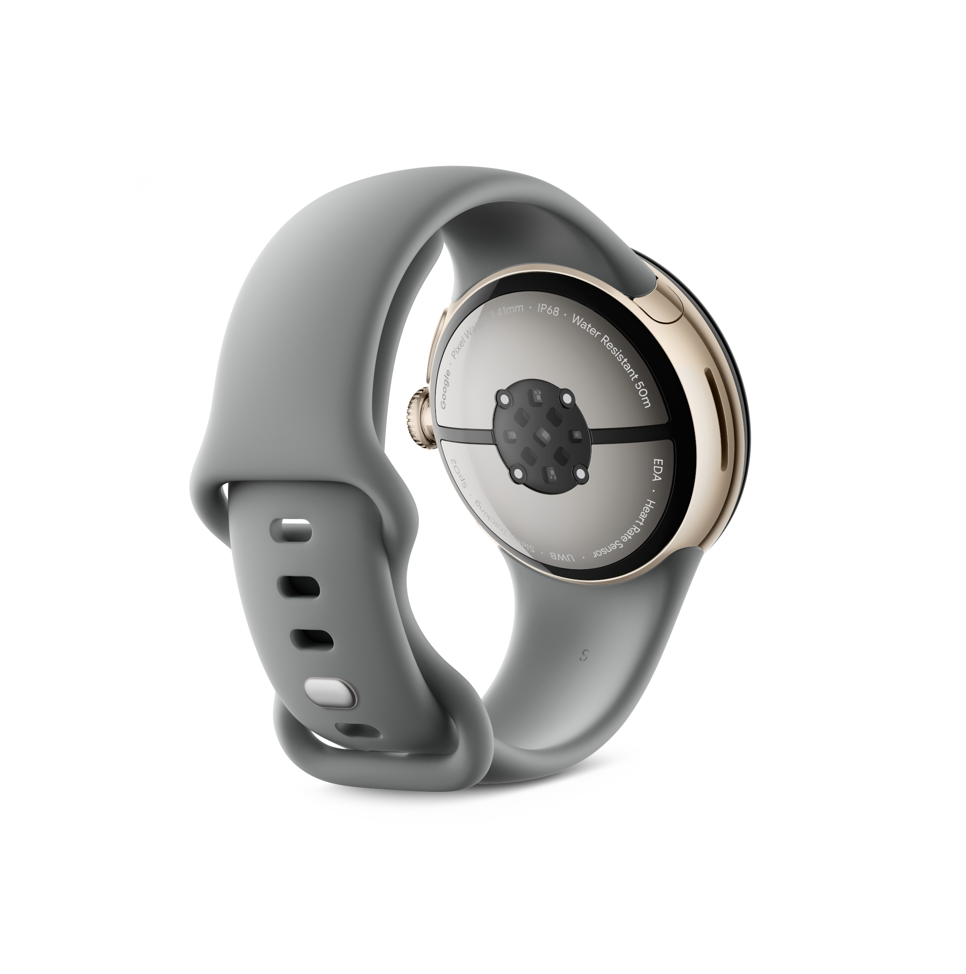 Eine graue Smartwatch mit goldenem Ring und grauem Armband, Rückseite, isoliert auf Schwarz.