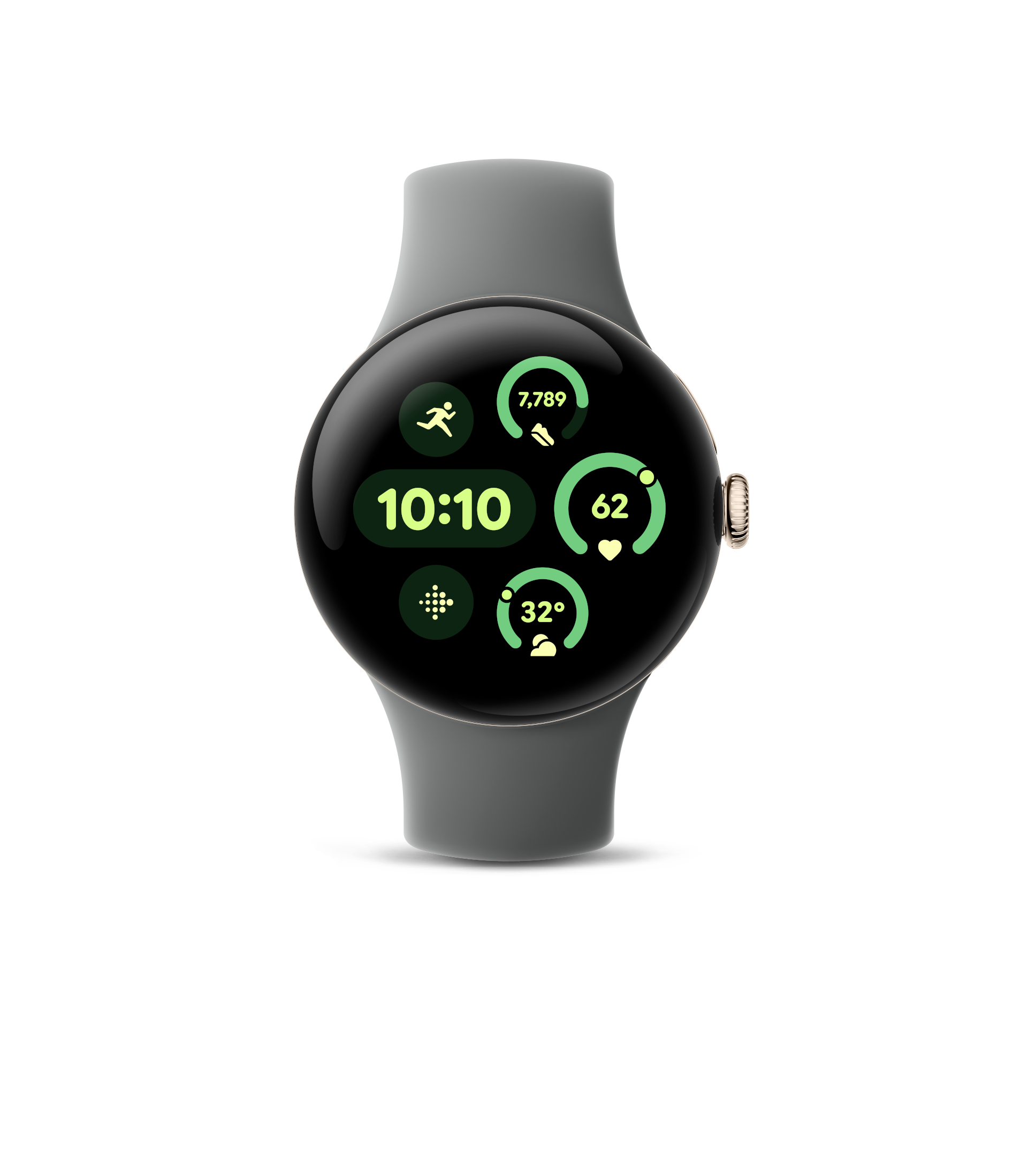 Eine Smartwatch mit grauem Armband zeigt Zeit, Schritte, Herzfrequenz und Temperatur auf schwarzem Bildschirm.