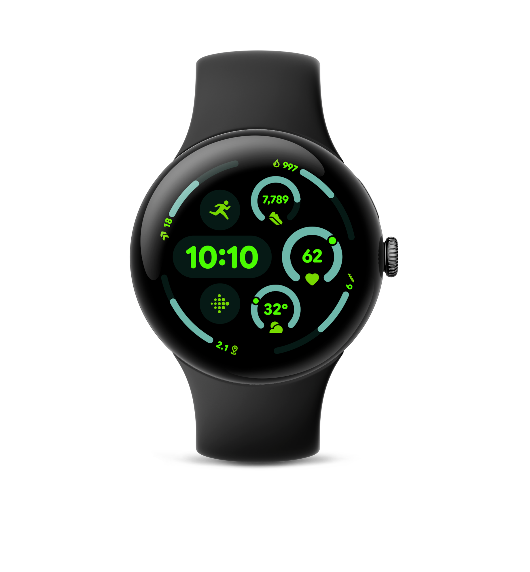 Schwarze Smartwatch mit rundem Bildschirm, der Daten anzeigt.