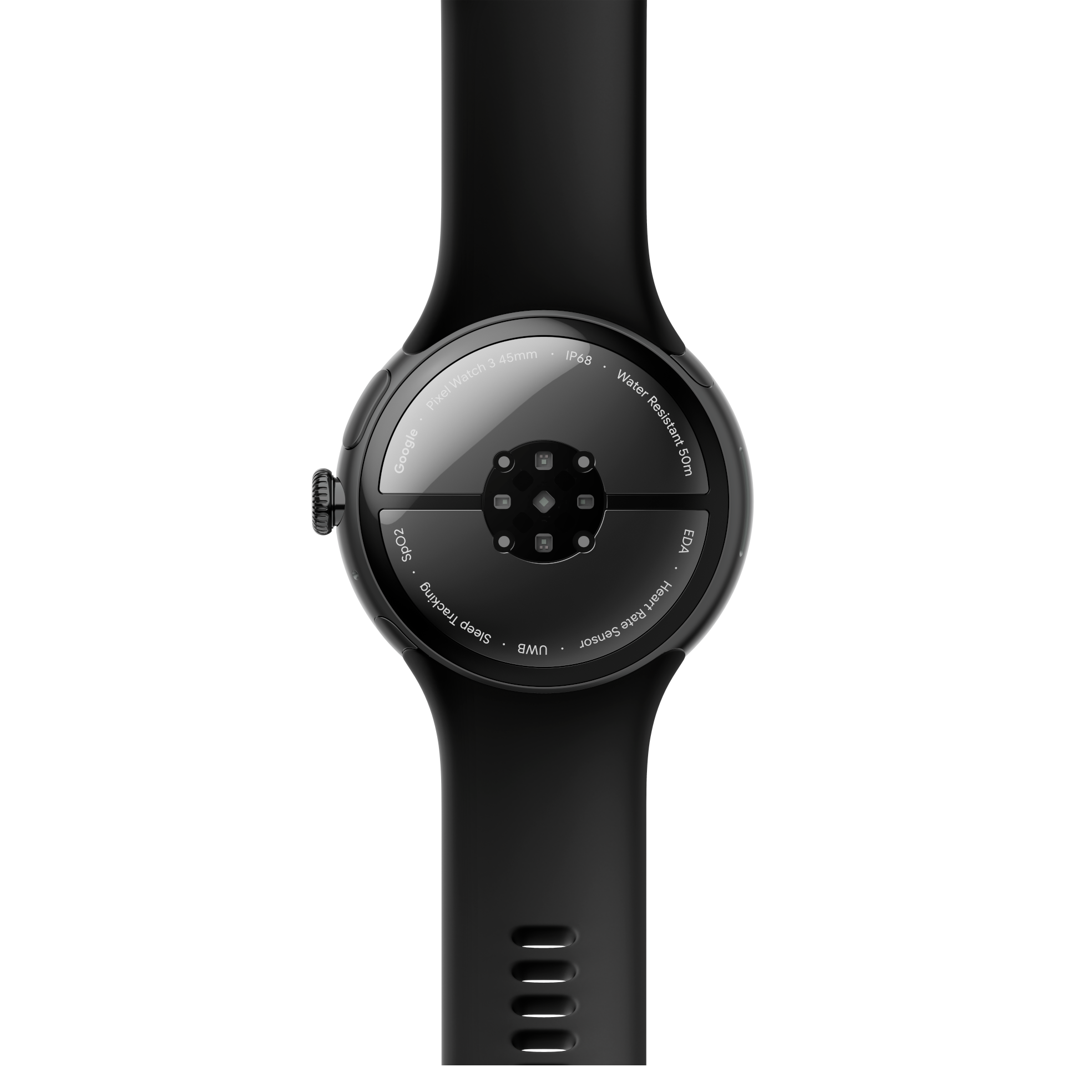 Rückseite einer schwarzen Smartwatch mit schwarzem Armband, Sensoren und Google-Branding.