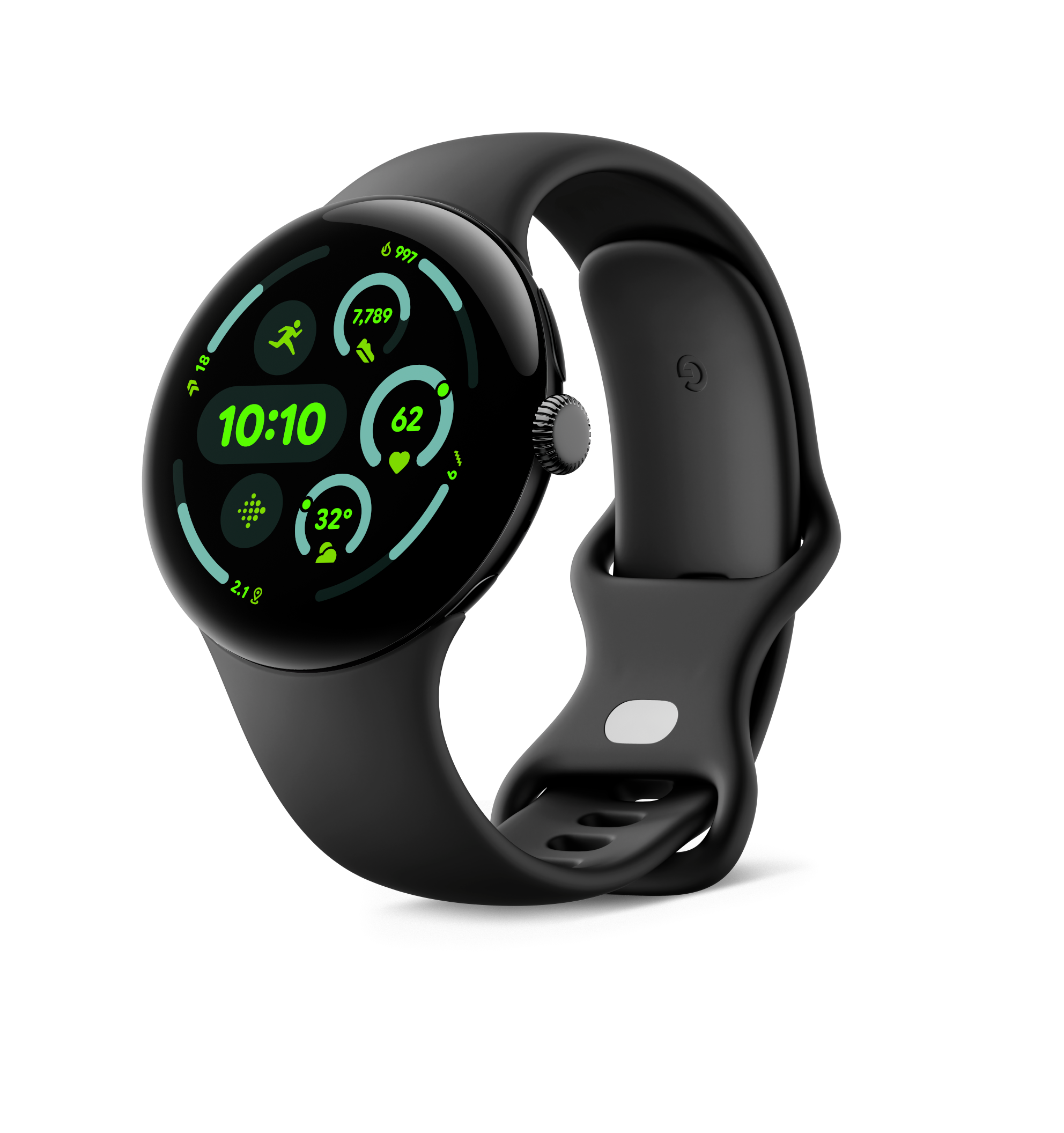 Schwarze Google Pixel Watch. Zeigt Zeit, Schritte, Herzfrequenz und Temperatur auf einem kreisförmigen Bildschirm.