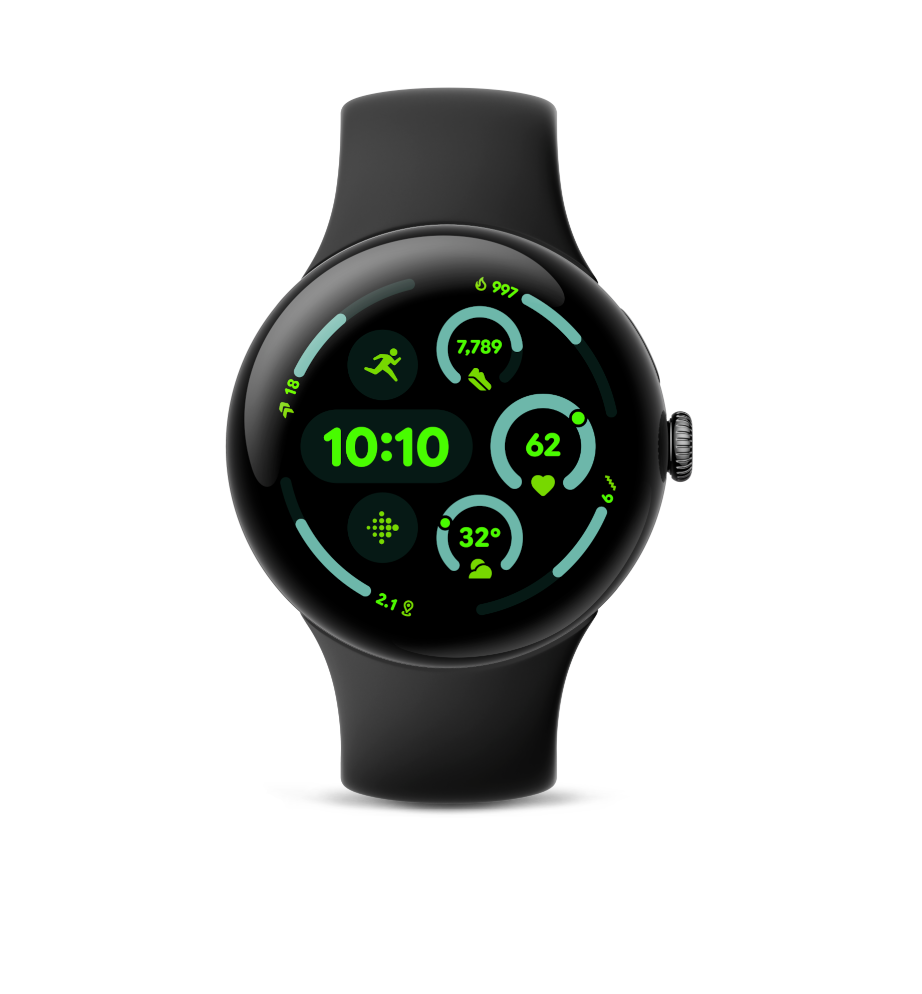 Eine schwarze Google Pixel Watch zeigt Zeit, Statistiken und Gesundheitsmetriken auf schwarzem Hintergrund an.