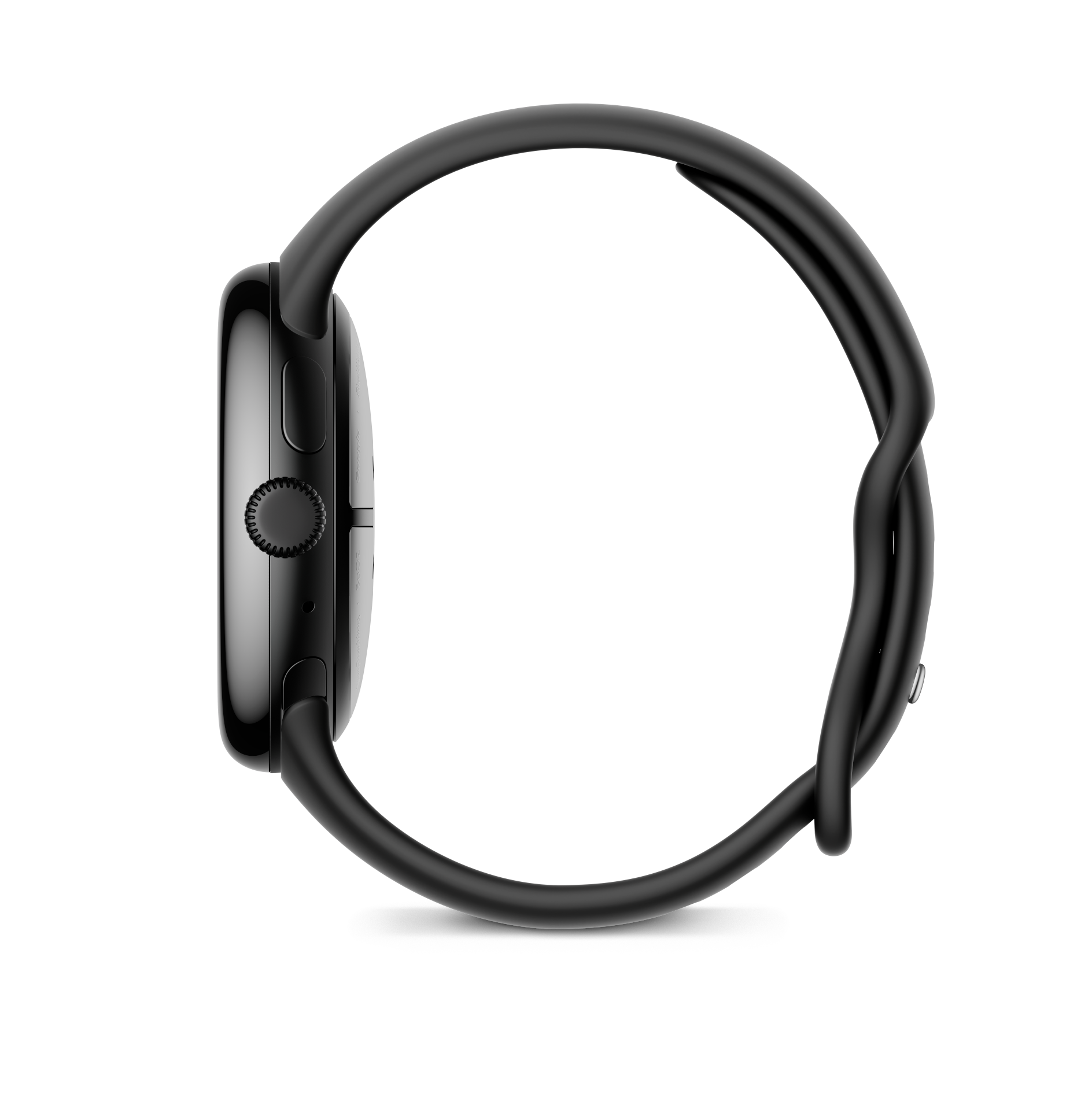 Seitenansicht einer schwarzen Smartwatch mit schwarzem Armband. Der Bildschirm ist aus.
