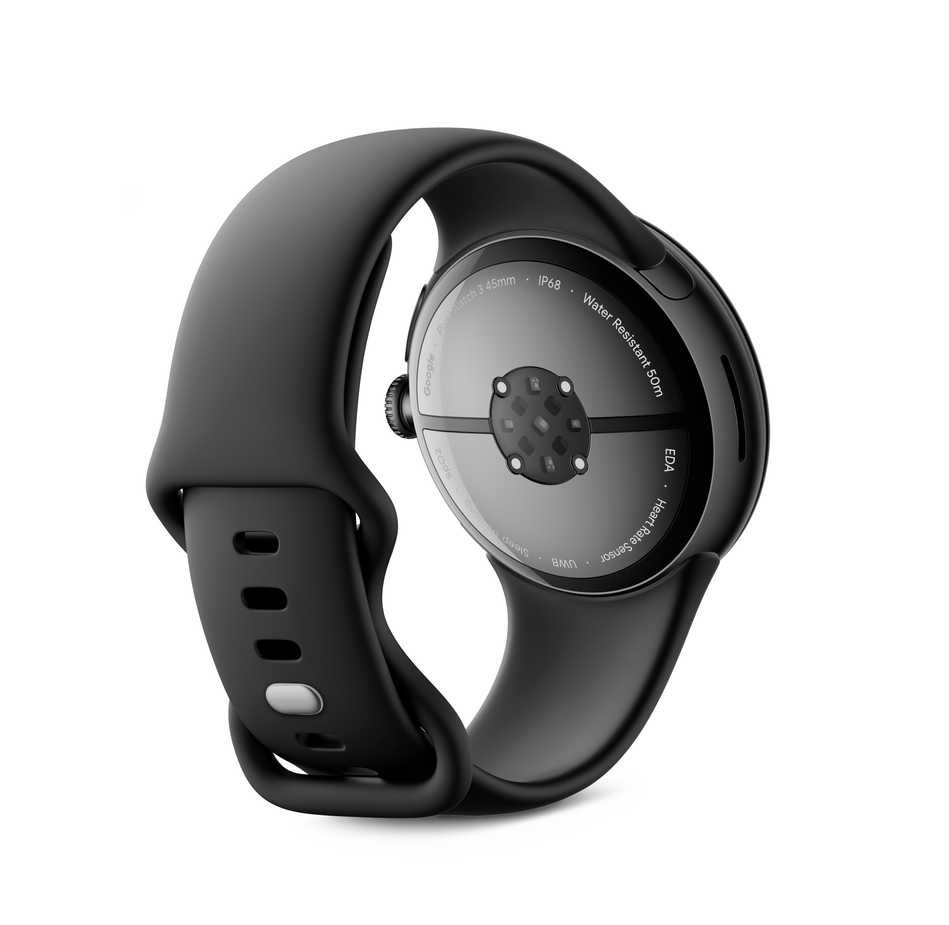 Schwarze Smartwatch. Eine schwarze Smartwatch mit schwarzem Armband, zeigt die Rückseite der Uhr.