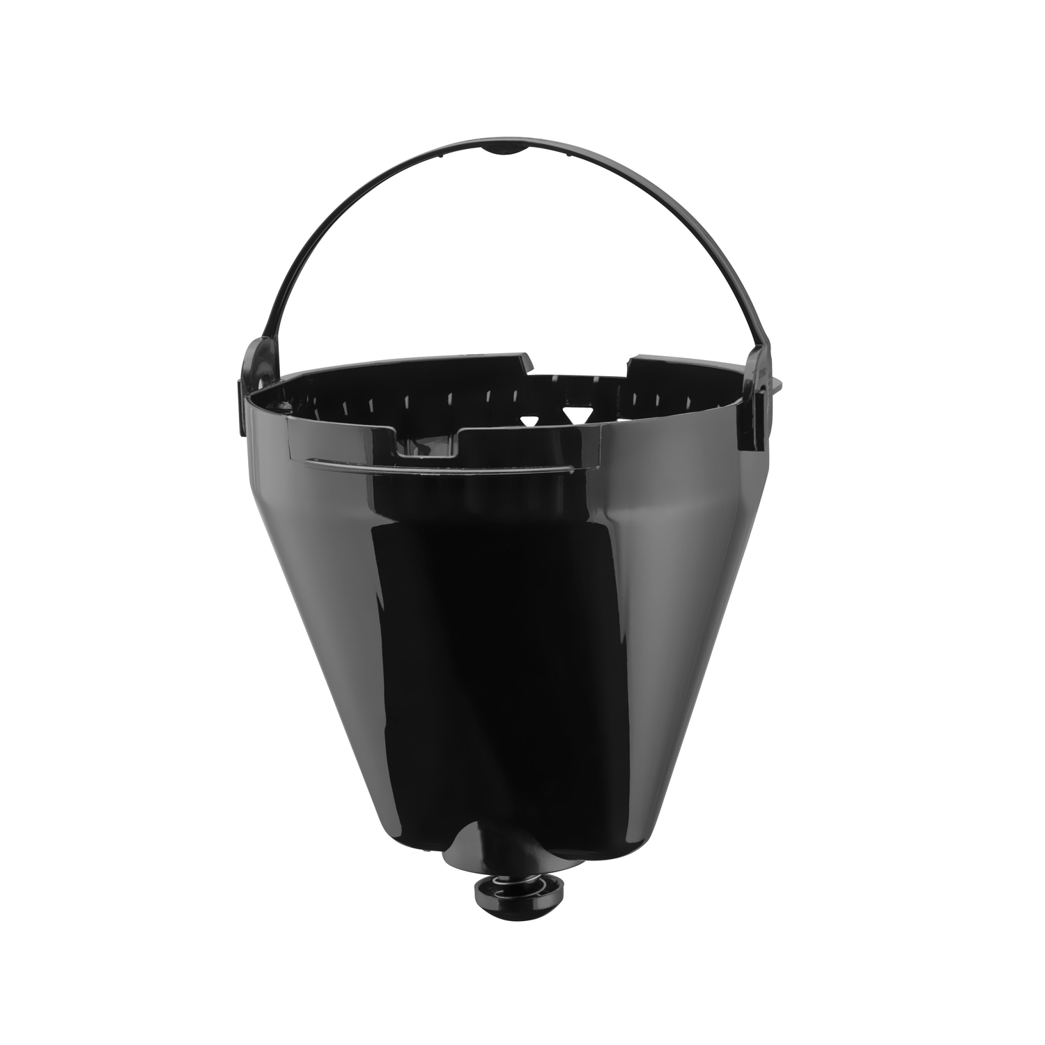 Zwarte koffiefilter mand, met handvat. Strak, eenvoudig ontwerp, geïsoleerd op witte achtergrond.