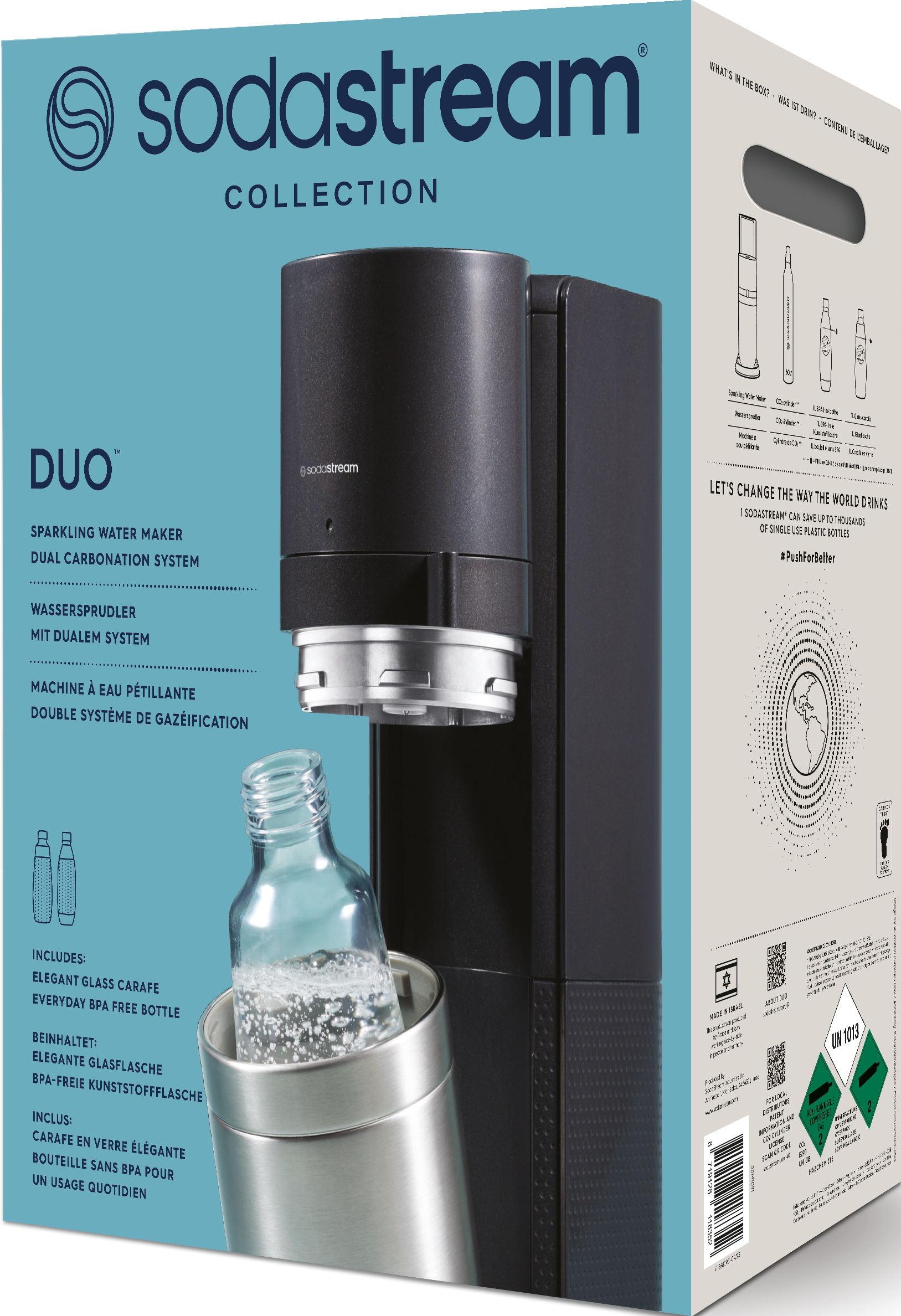 Eine schwarze und dunkelgraue Sodastream Sprudelwasserbereiter-Box.