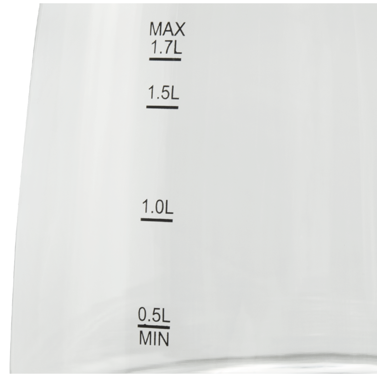 Clear glass coffee pot with volume markings: 0.5L, 1.0L, 1.5L, and 1.7L.