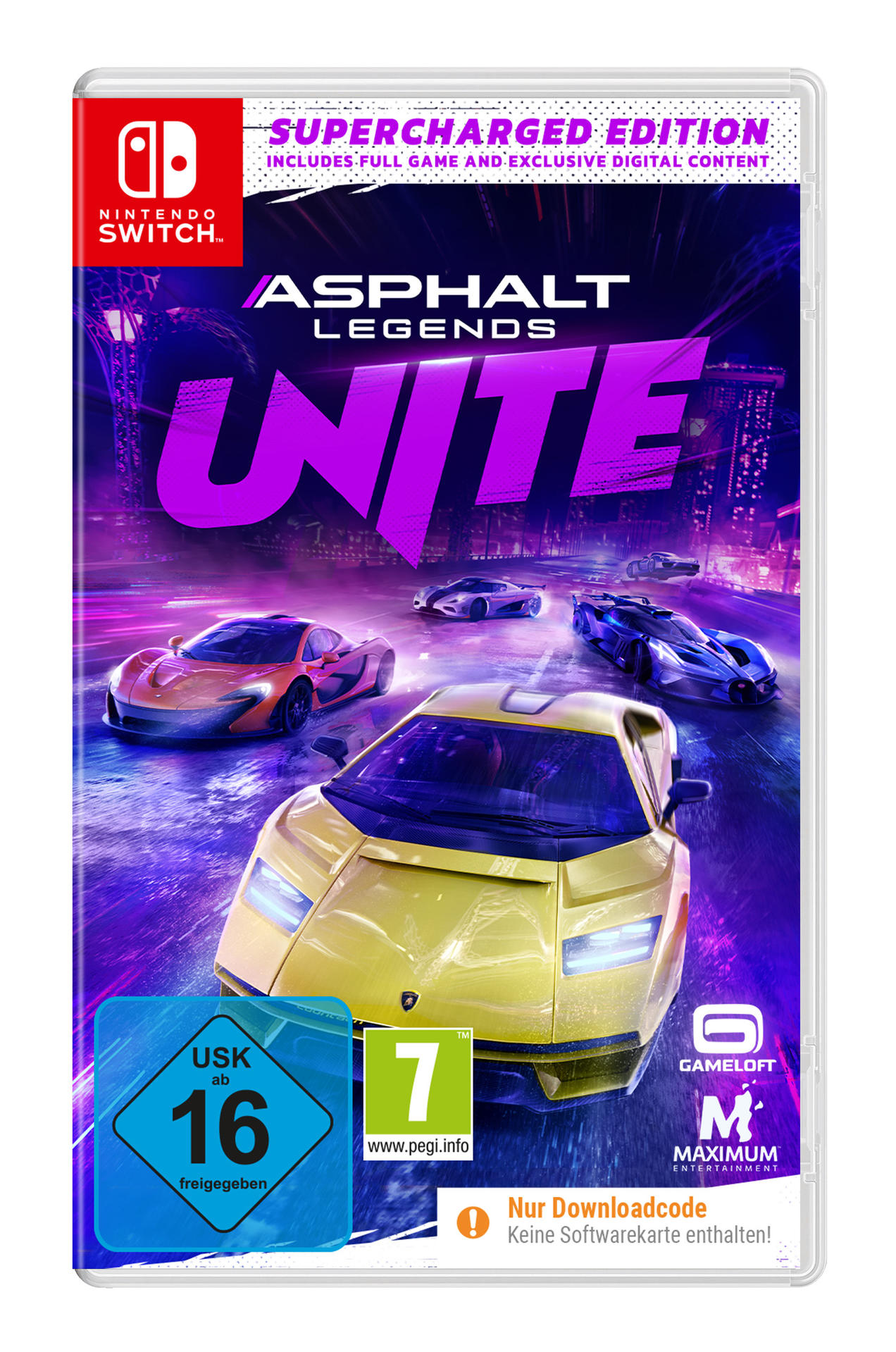 Nintendo Switch Spielhülle, Asphalt 9 Unite, gelbes Auto auf dem Cover.