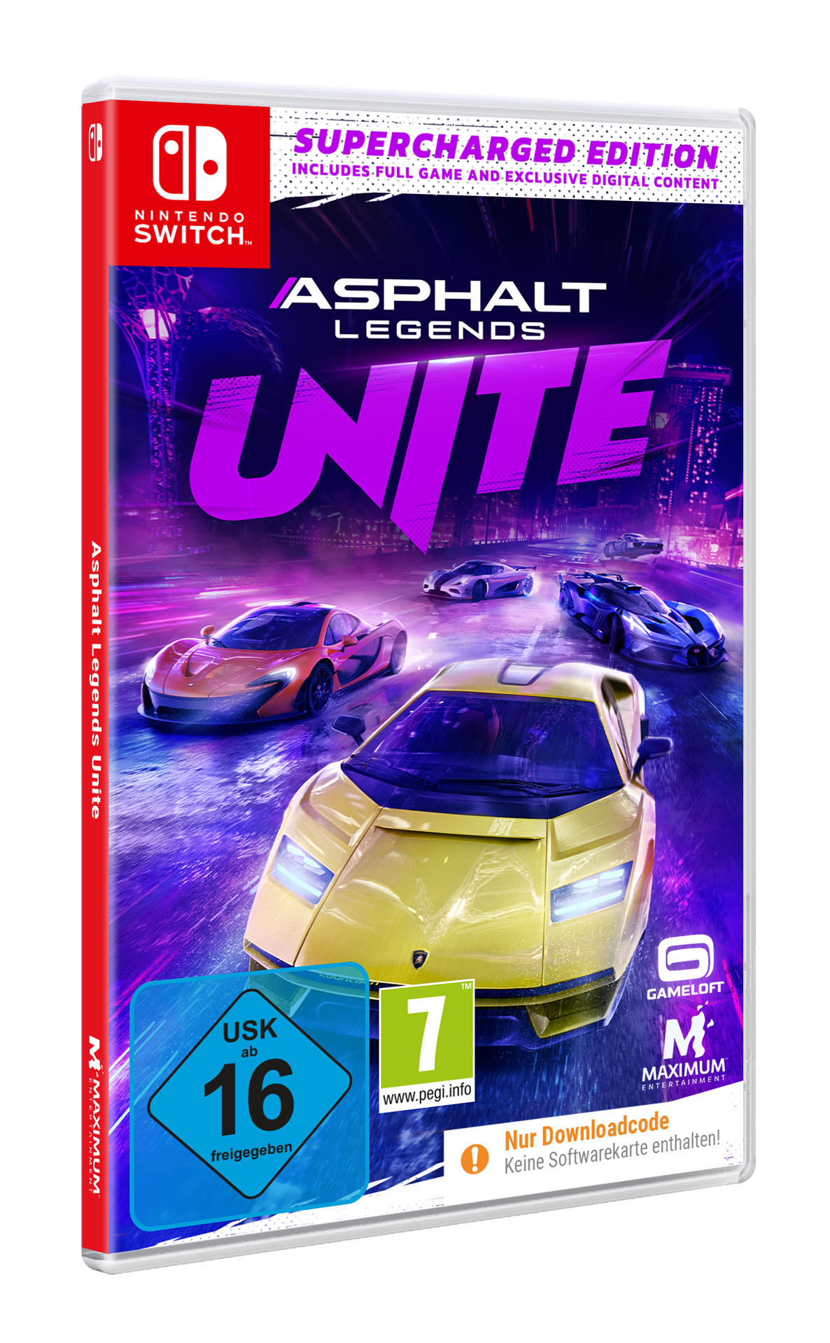 Ein Nintendo Switch-Spielcase für 'Asphalt Legends Unite' mit Autografiken.