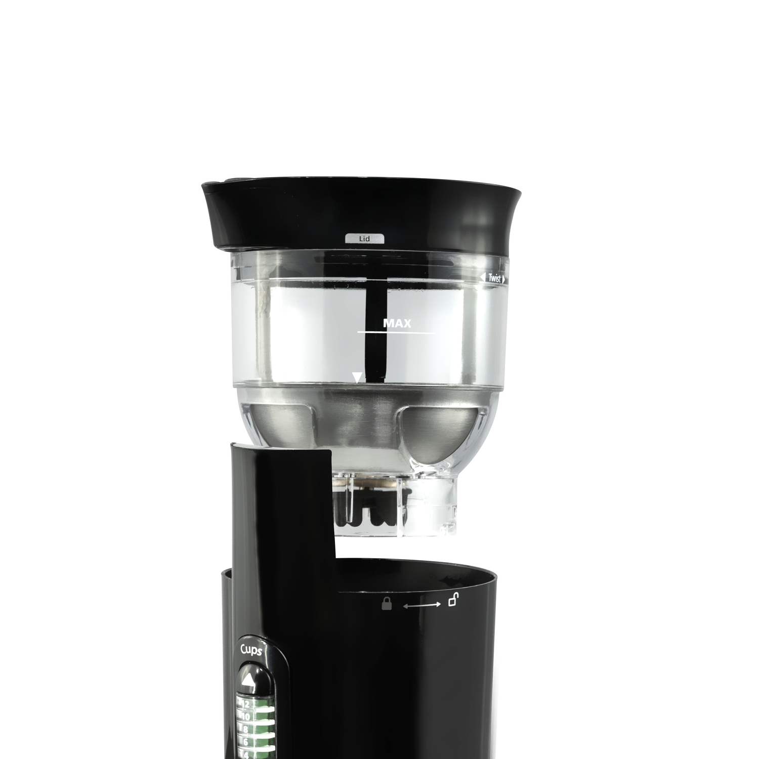 Black coffee maker with a clear water container. Shows water level and cup measurements. White background.