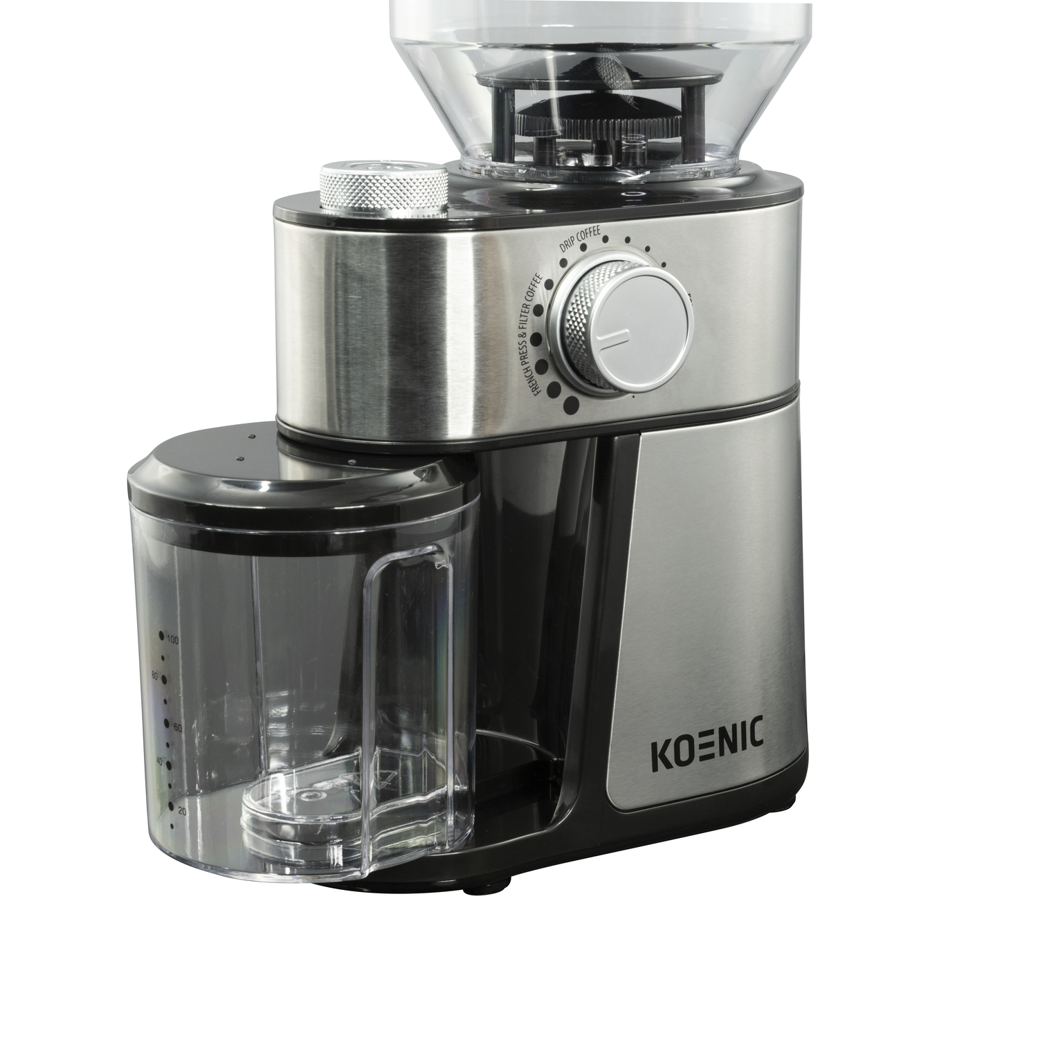 A stainless steel coffee grinder with a transparent container.