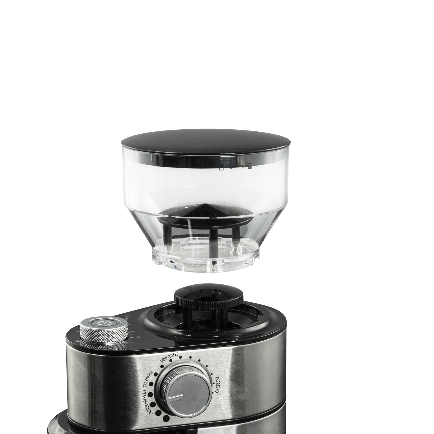 Coffee machine, black and silver, with a clear container on top.