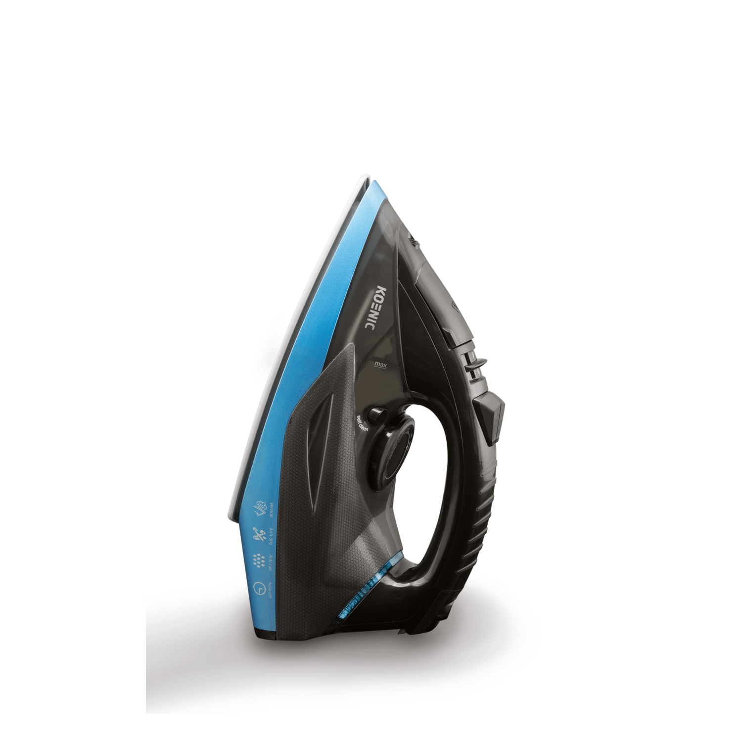 Zwart en blauw strijkijzer geïsoleerd op witte achtergrond, schuine weergave, productfoto.