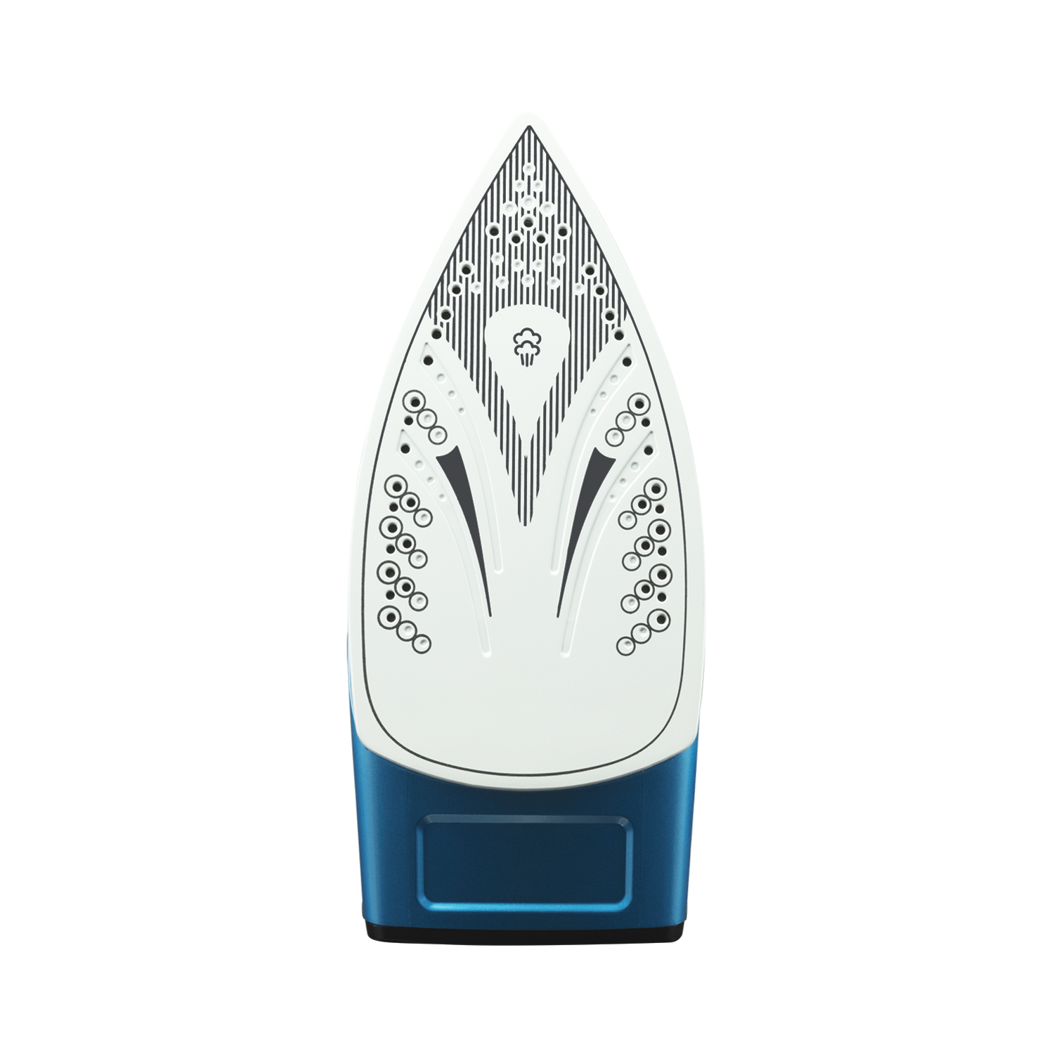Strijkzool, wit met blauwe basis. Het heeft gaten en een stoom symbool.