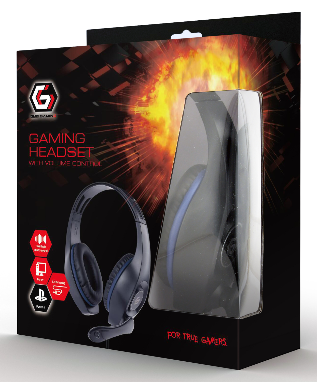 Egy gamer headset doboza, fekete, headset-tel átlátszó tokban és piros grafikával.