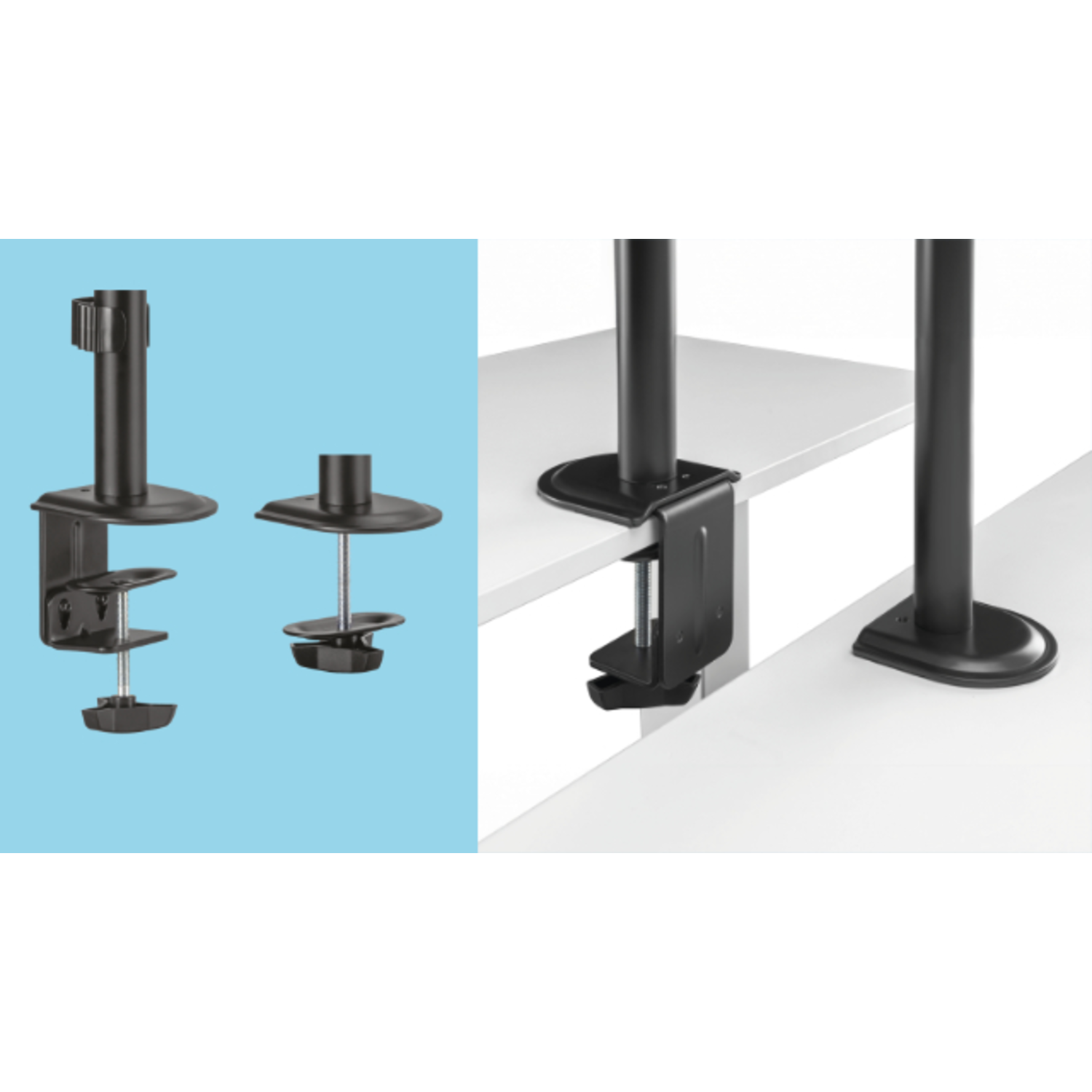 Black monitor mounting brackets, two on a blue background, two on a white desk surface.
