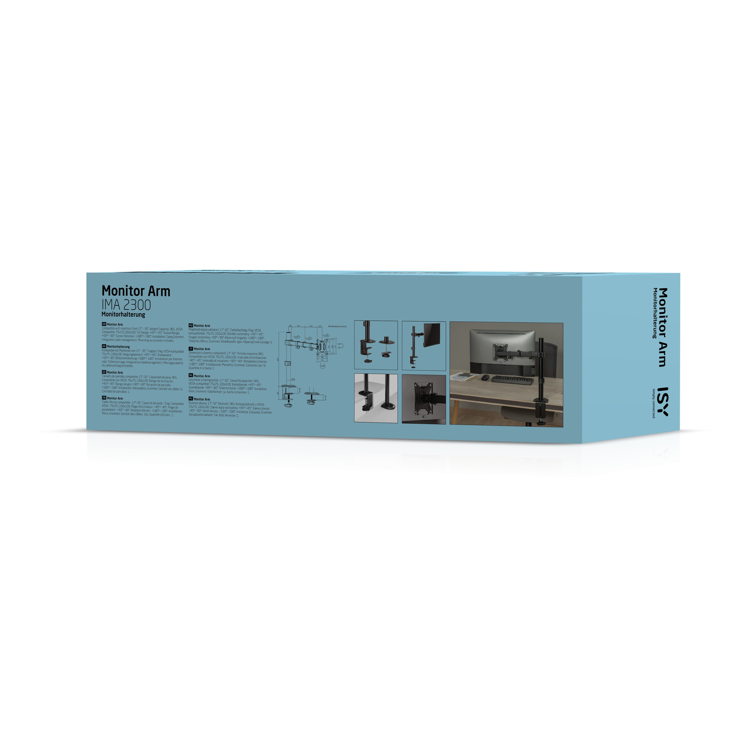 Box with the Monitor Arm IMA 2300. Text and diagrams describe the product.