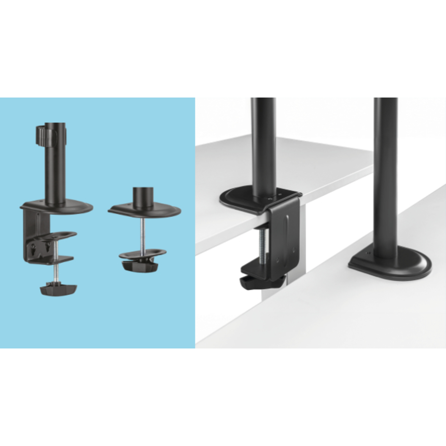Monitor arm clamps and parts shown on a light blue background.