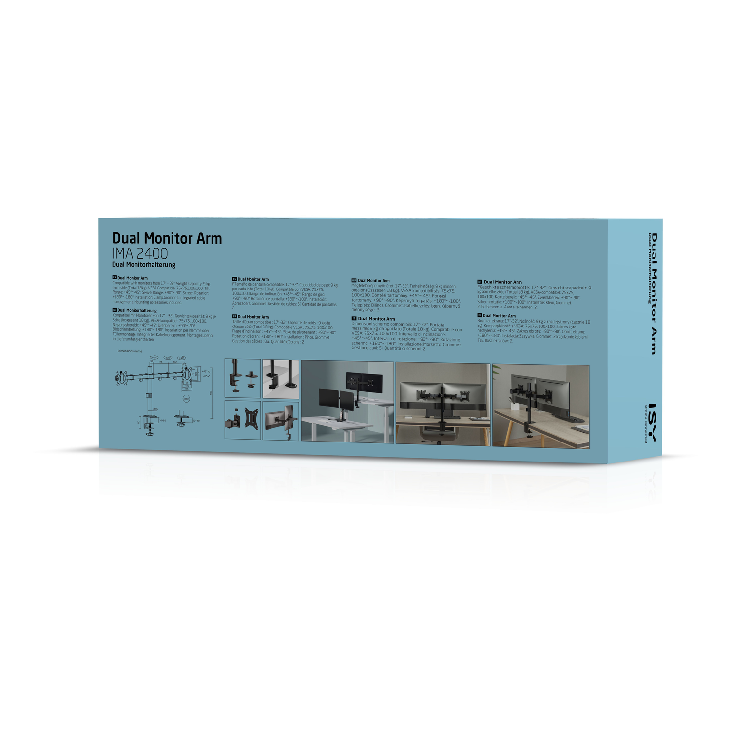 Boxed dual monitor arm, with product details and images on a light blue background.