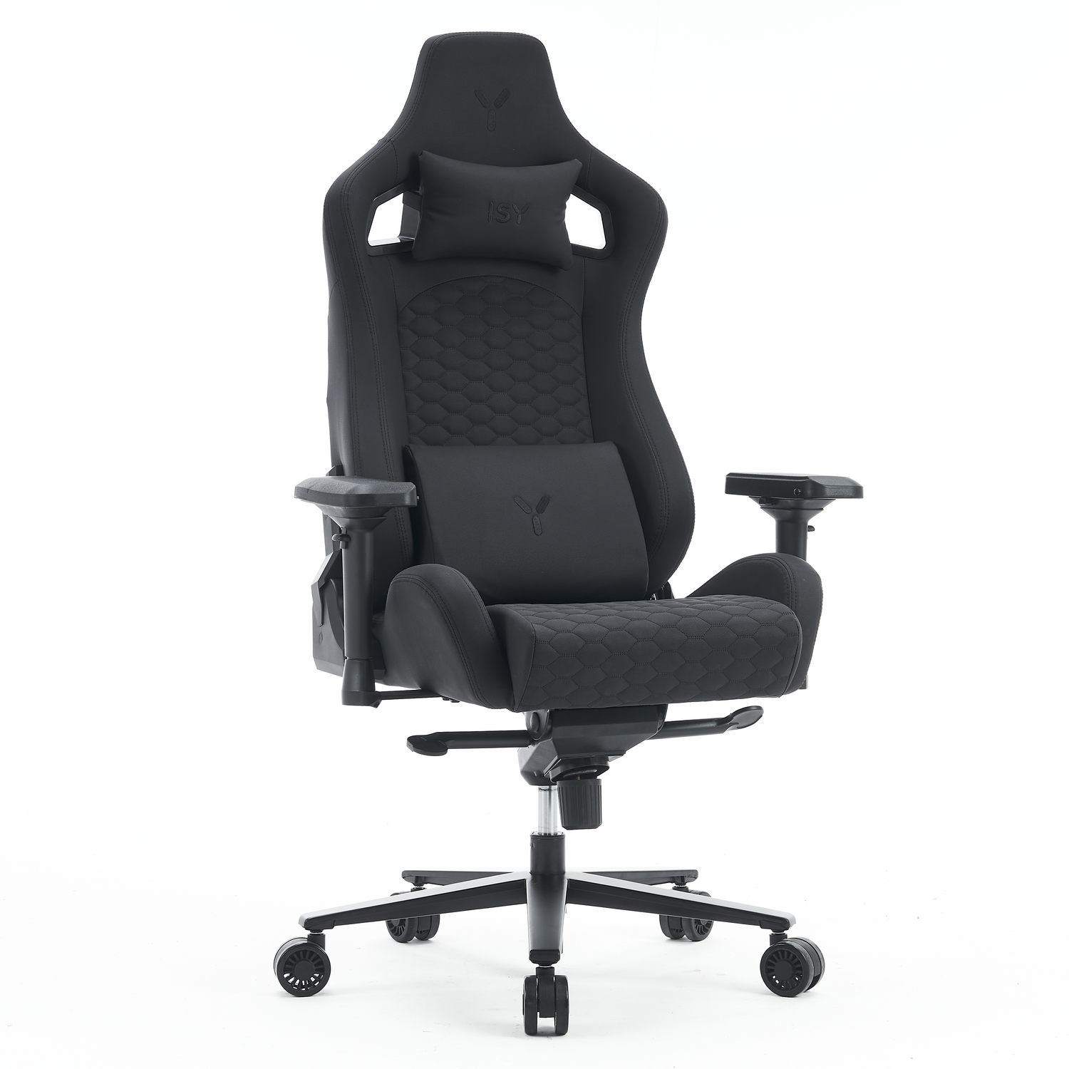 Black gaming chair on white background. It has a headrest, back support, and armrests.