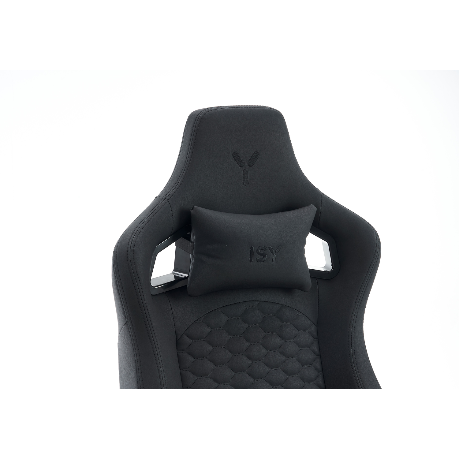A black gaming chair with a headrest and a pillow with 'ISY' embroidered on it.