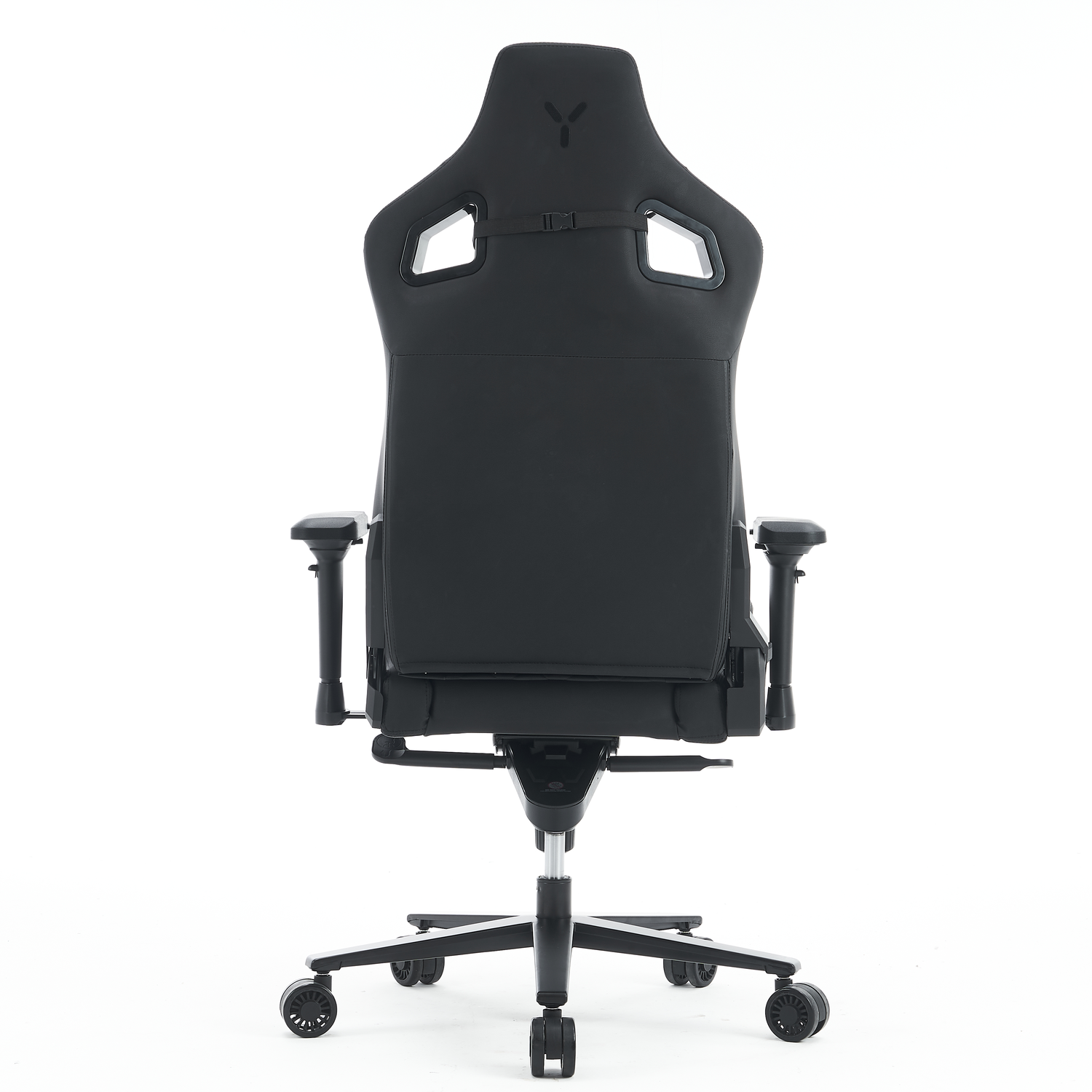 The back of a black gaming chair with a black base.
