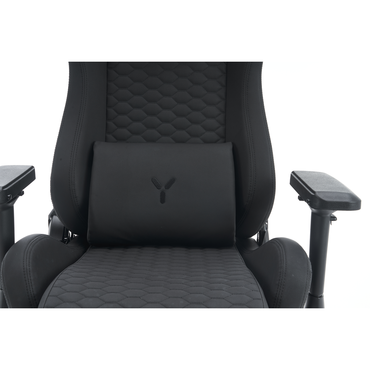 Black gaming chair, close-up on back. Black pillow with logo. White background.