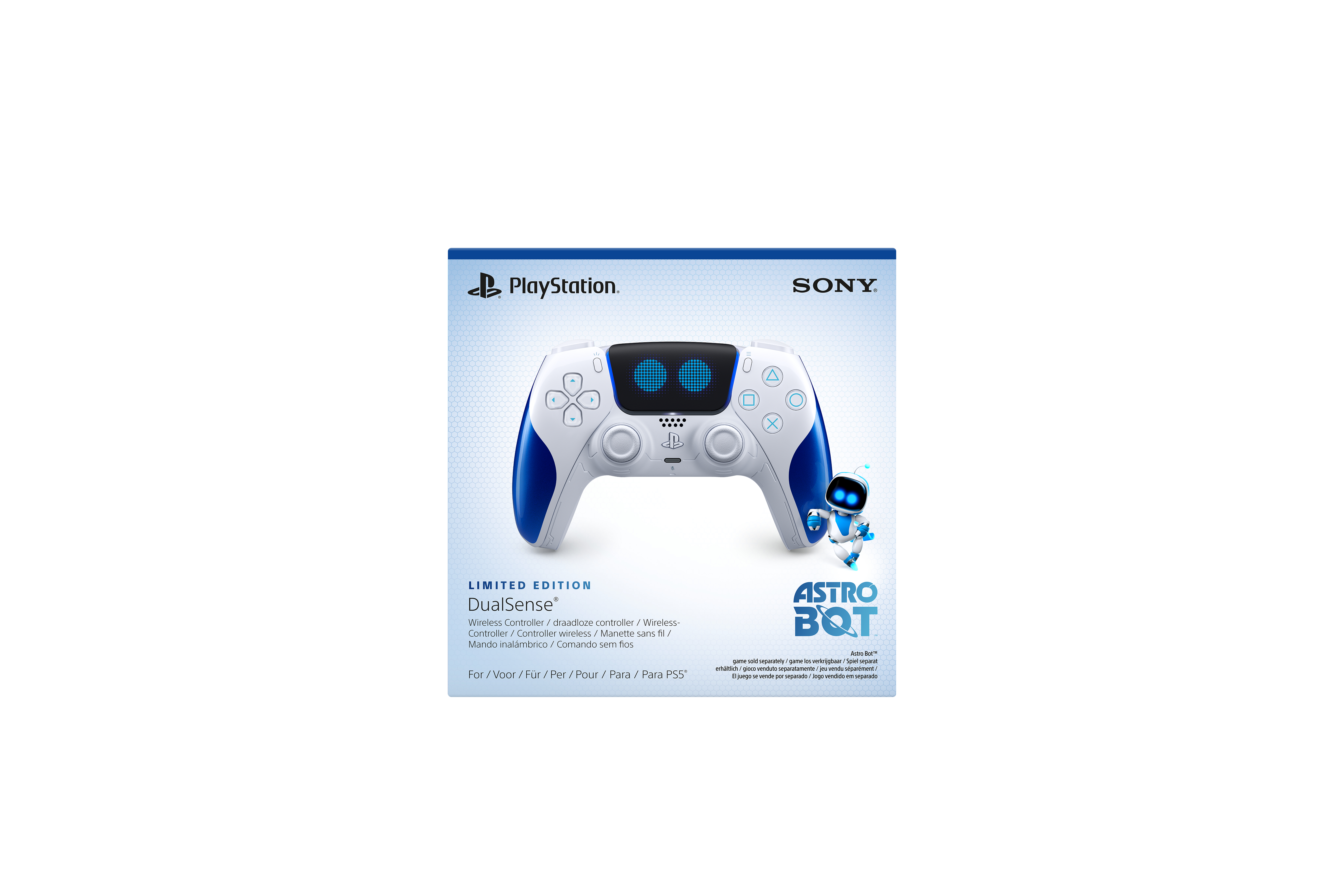 PlayStation 5 Controller mit weißem und blauem Design, mit Astro Bot Logo.